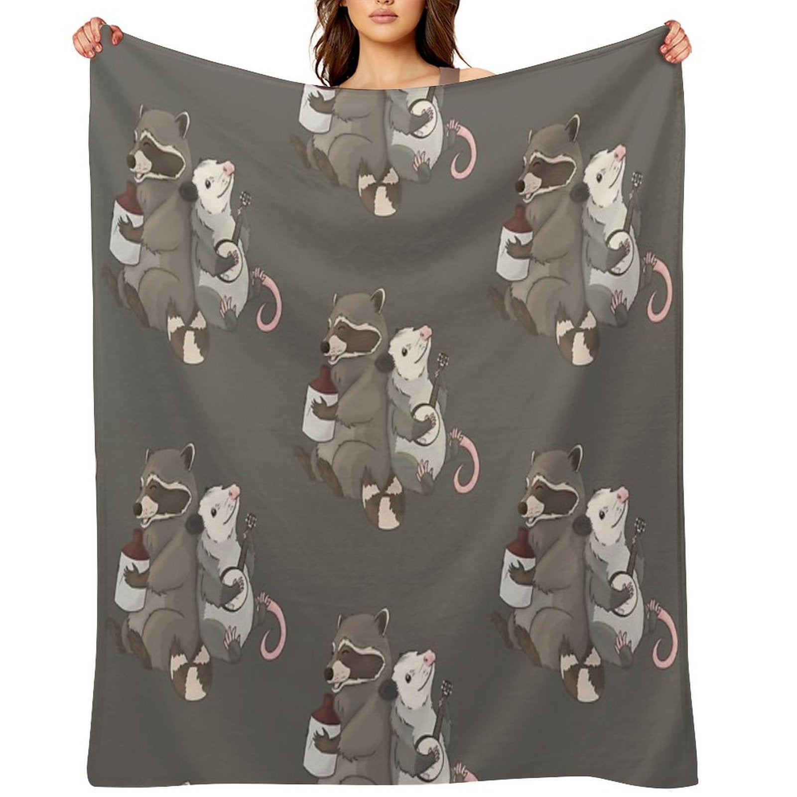 Opossum And A Racoon Playing Instruments Easy Care Throw Blanket