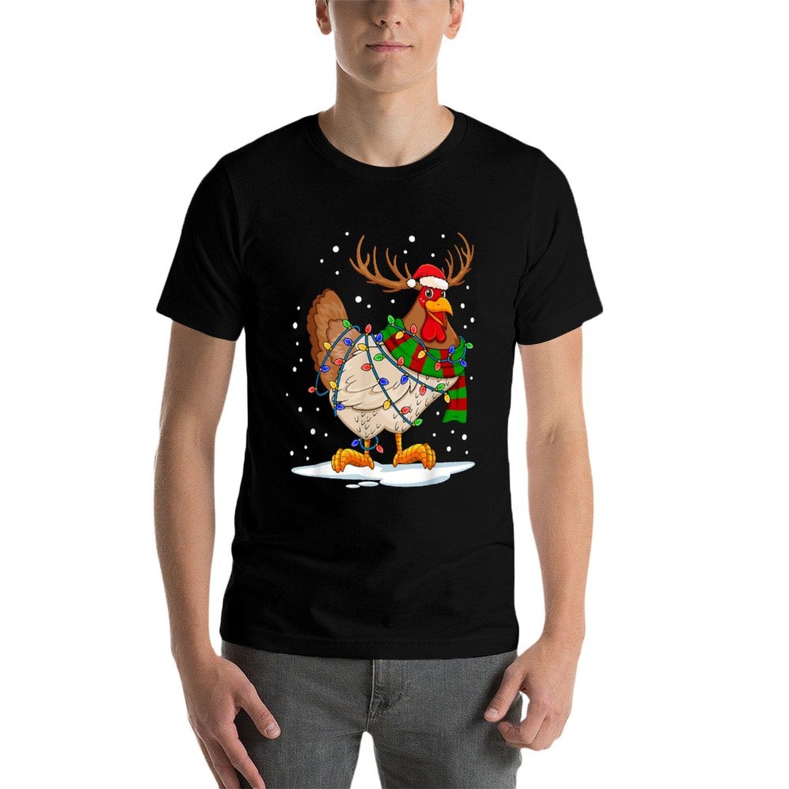 Funny Chicken Christmas Reindeer Christmas Lights Pajama  Relaxed-fit T-Shirt