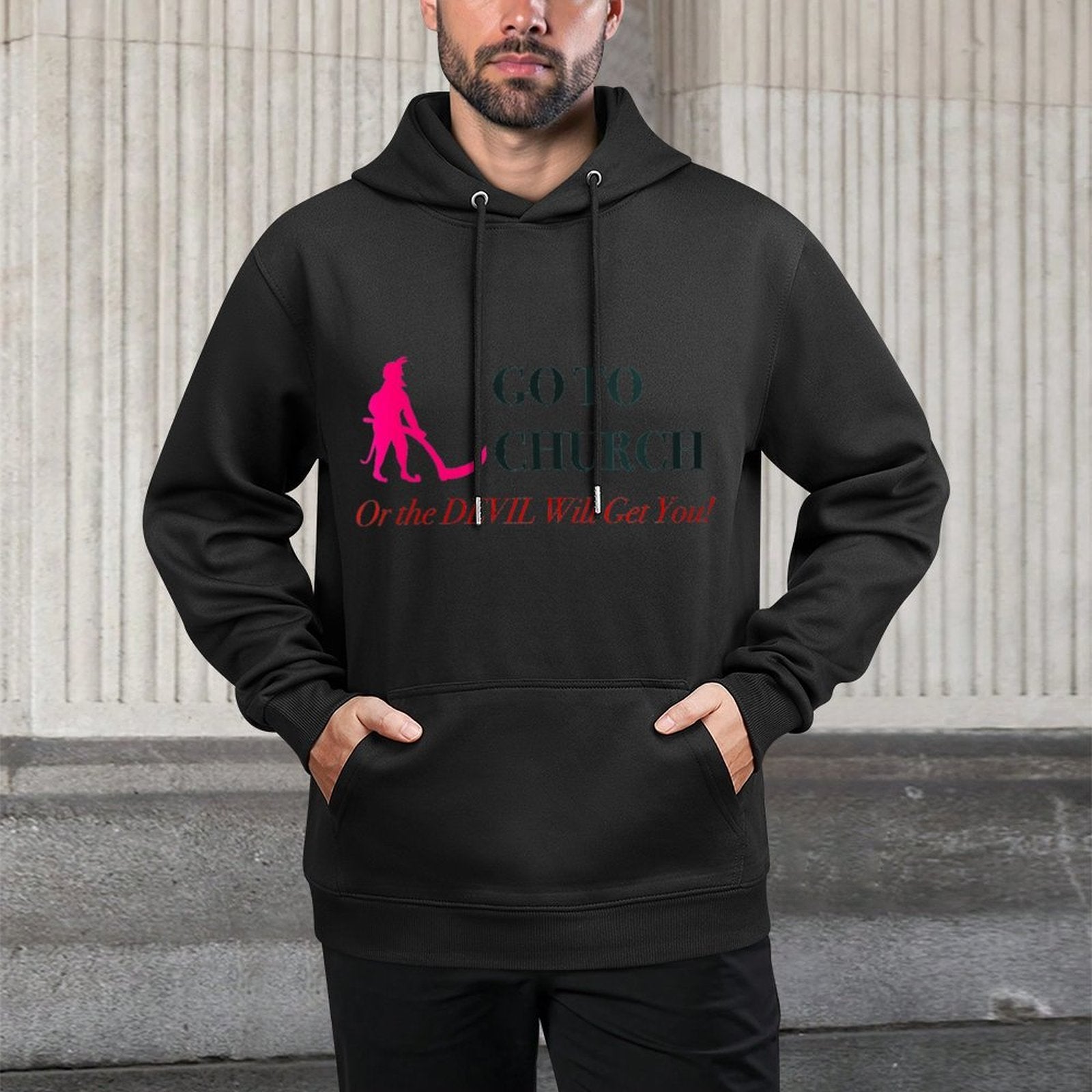 Womens Go to Church Or The Devil Will Get You Meme Graphic Pilling-Resistant Hoodie