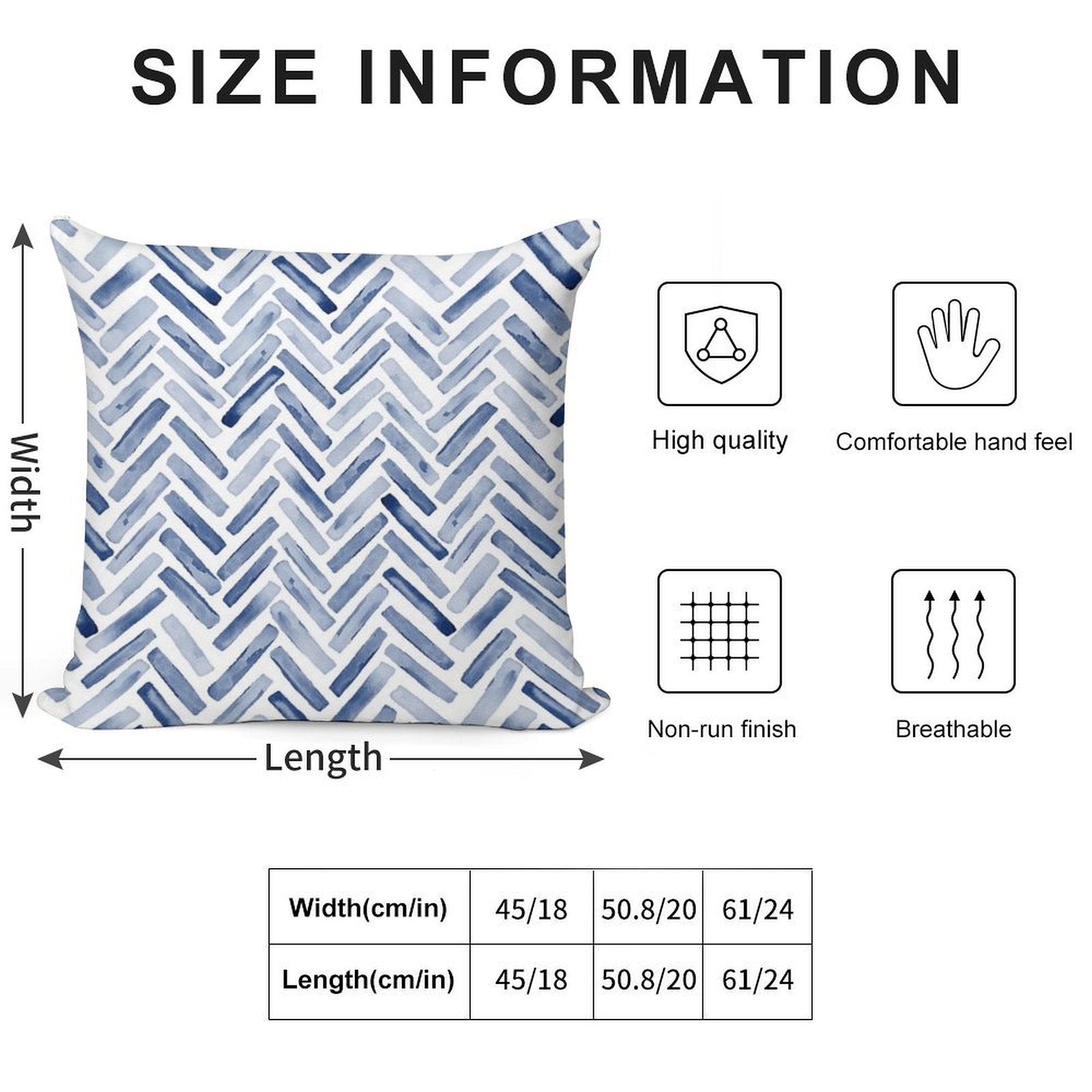 Indigo Blue Watercolor Herringbone Chevron Soft Easy Maintenance Throw Pillow