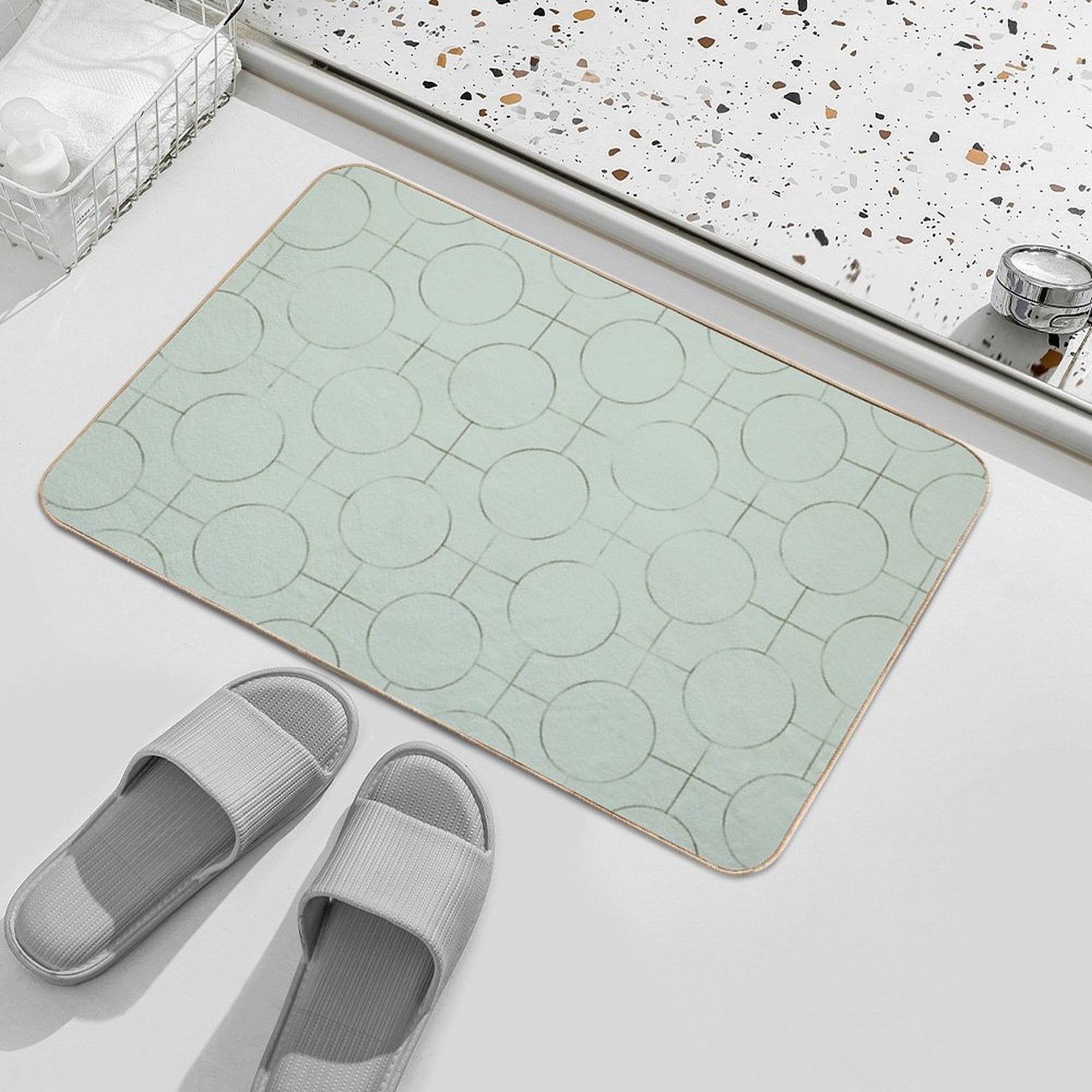 Mint Green Polka Dot Minimalist Pattern. Pencil Sketch Circles And Grid. Modern Japandi  Anti-Trip Bath Mat
