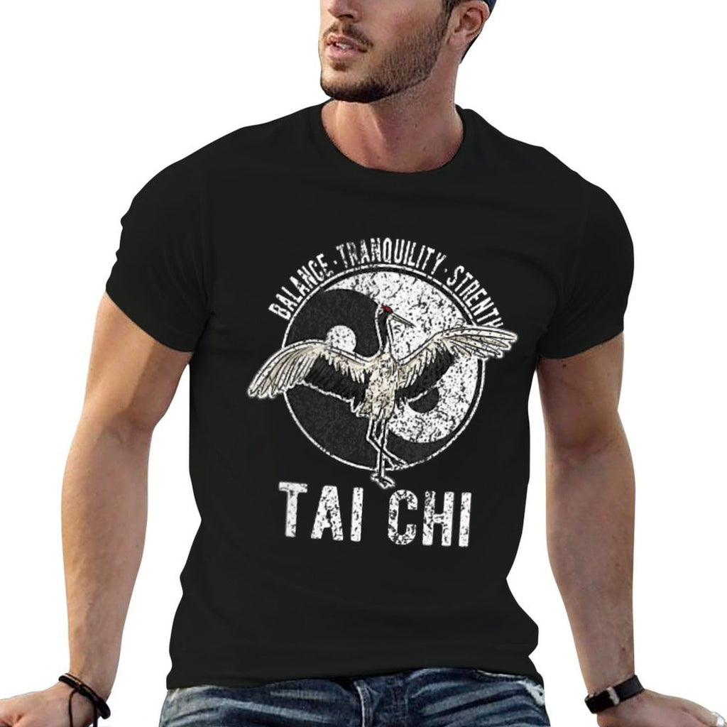 Tai Chi Crane Chinese Martial Arts Yin Yang Retro Vintage  Heathered Texture T-Shirt