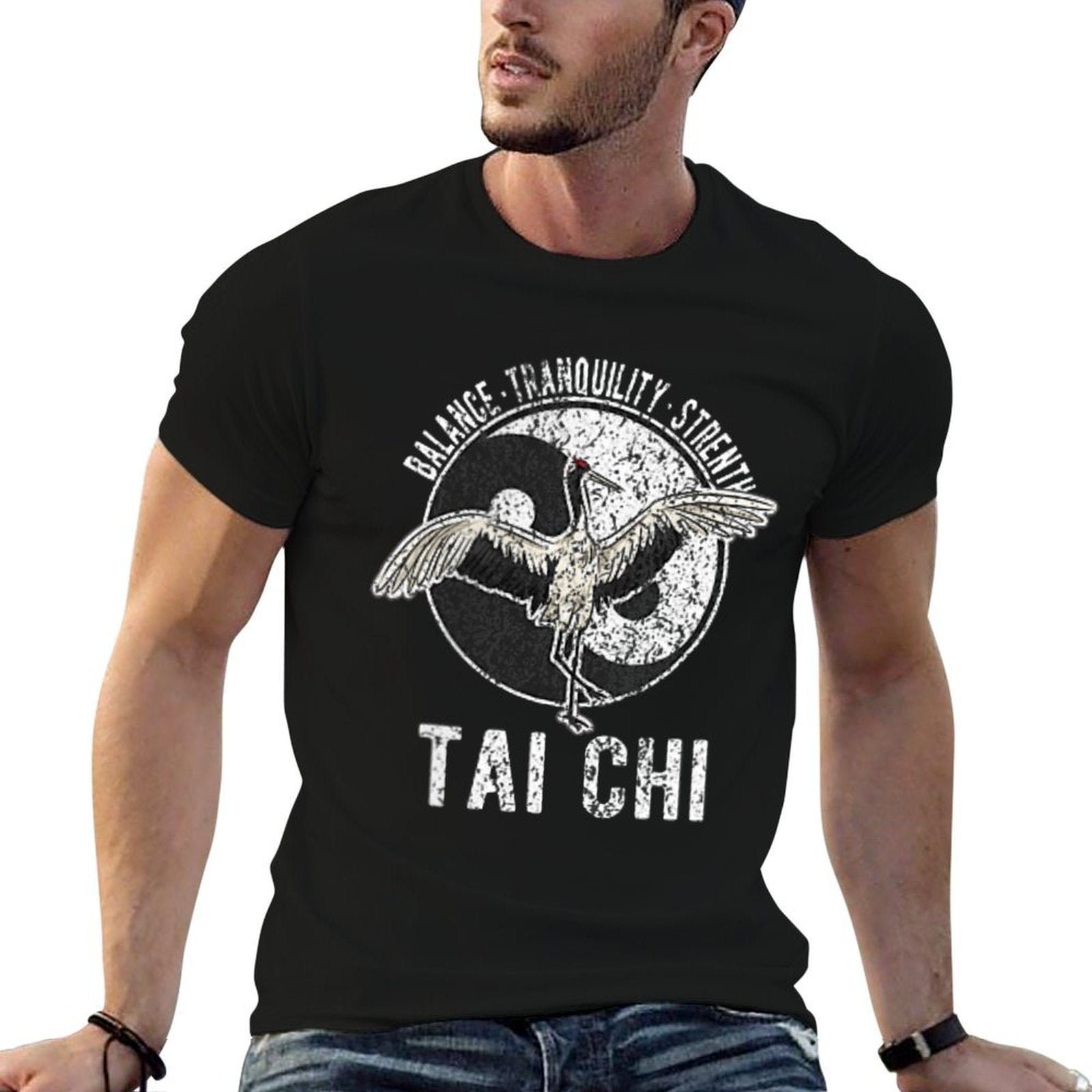 Tai Chi Crane Chinese Martial Arts Yin Yang Retro Vintage  Heathered Texture T-Shirt