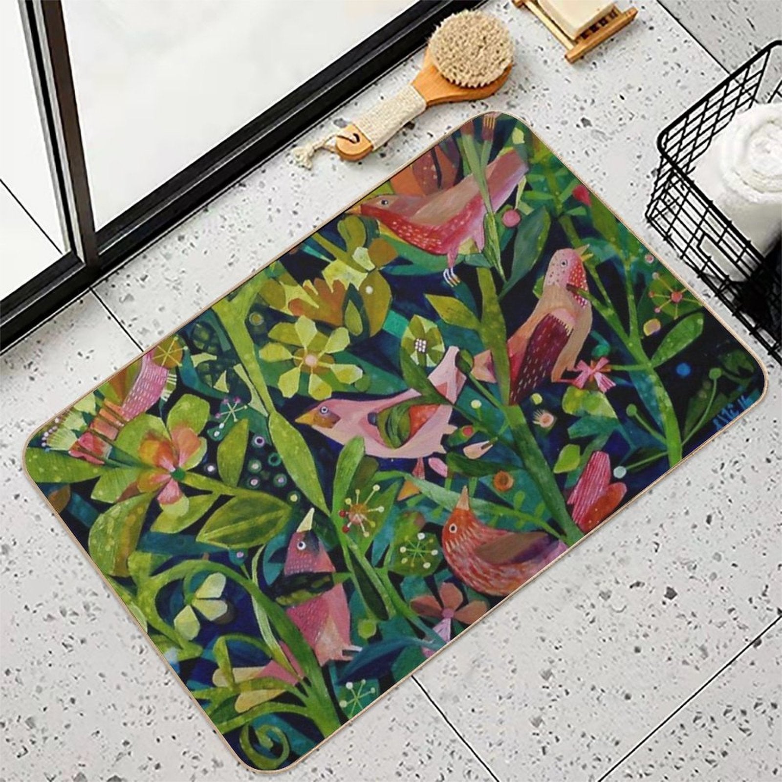 Three Pink Birds  Easy Maintenance Bath Mat
