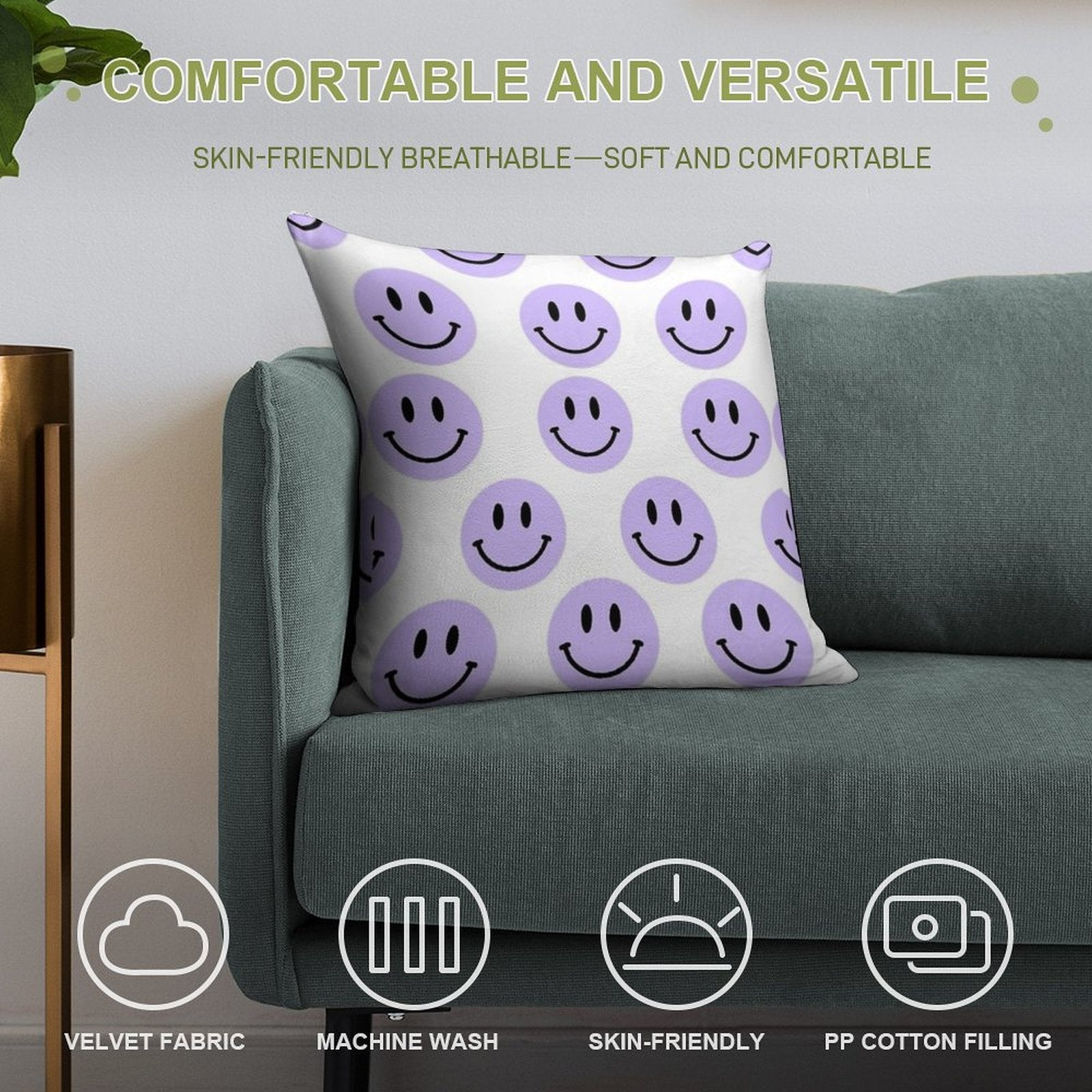 Purple Preppy Smile Print Soft High-Density Material Throw Pillow