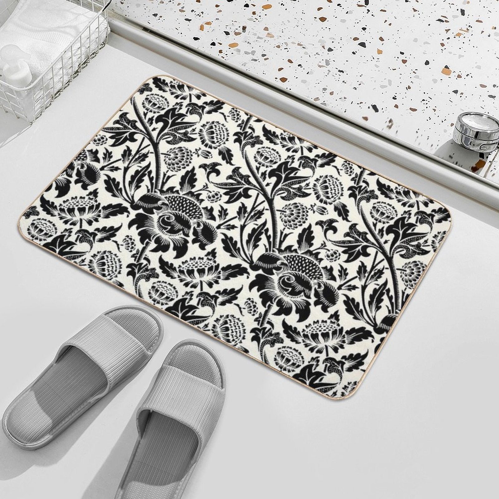 Vintage Flower Ornament Botanical, Black And Cream Durable Bath Mat