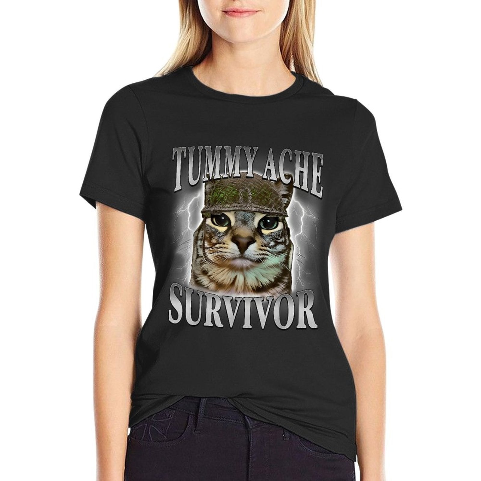 Tummy Ache Survivor Cat Meme Funny Saying Cats Animals  Polyester Blend T-Shirt