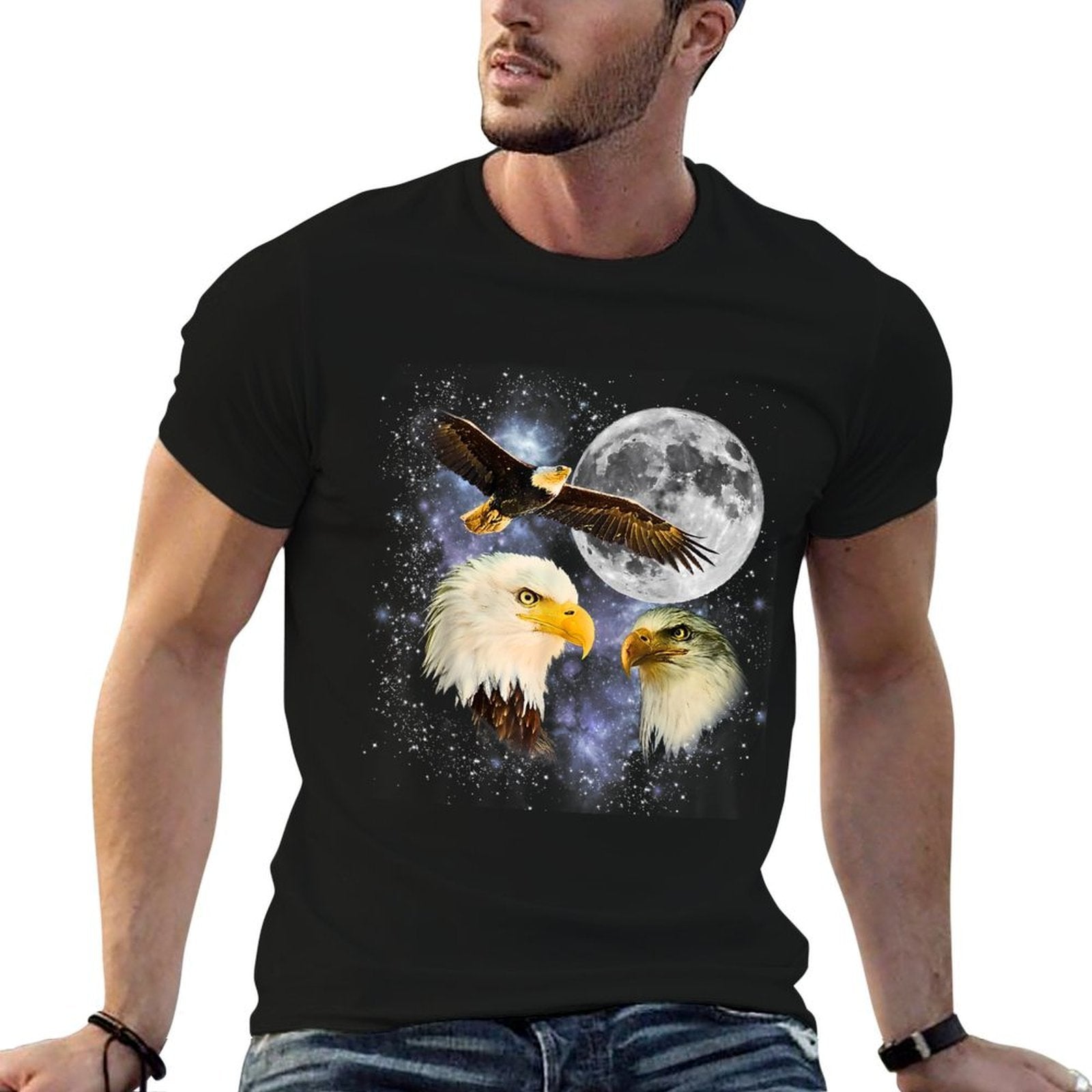 Three Bald Eagle Moon Meme Funny American Bird Eagles Lover  Eco-friendly Material T-Shirt