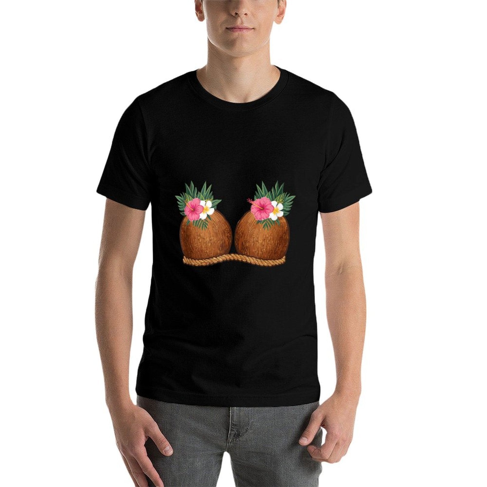 Funny Coconut Boobs Tiki Luau Hula Hawaiian Coconut Bra  Rolled Sleeves T-Shirt