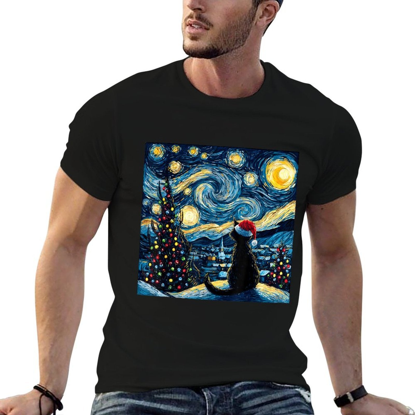 Van Gogh Starry Night Black Cat Santa Hat Toddlers Christmas  Odor-resistant T-Shirt