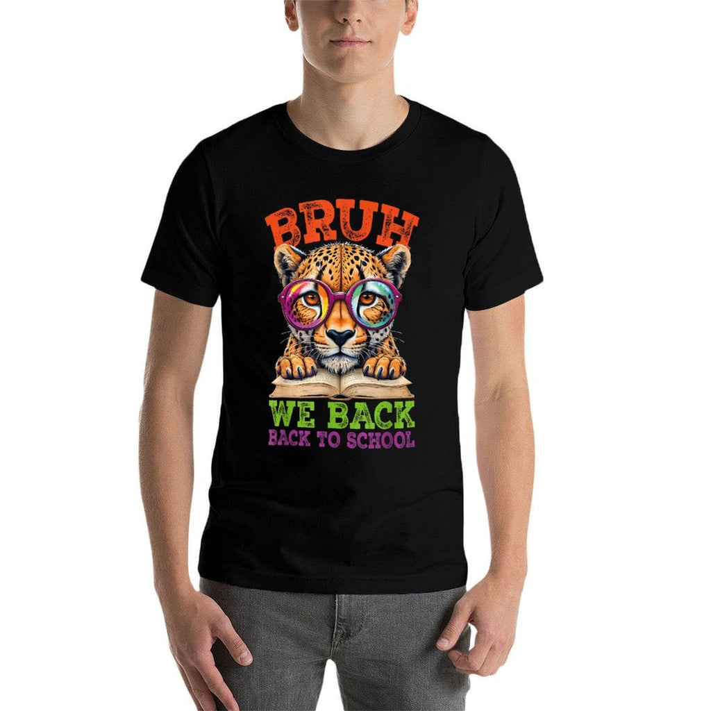 Bruh We Back Cheetah Back To School Teacher Boys Girls Kids  Ribbed Collar T-Shirt