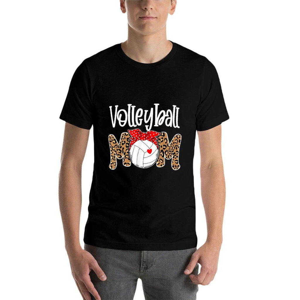 Volleyball Mom Leopard Messy Bun Game Day Funny Mothers Day  Ribbed Collar T-Shirt