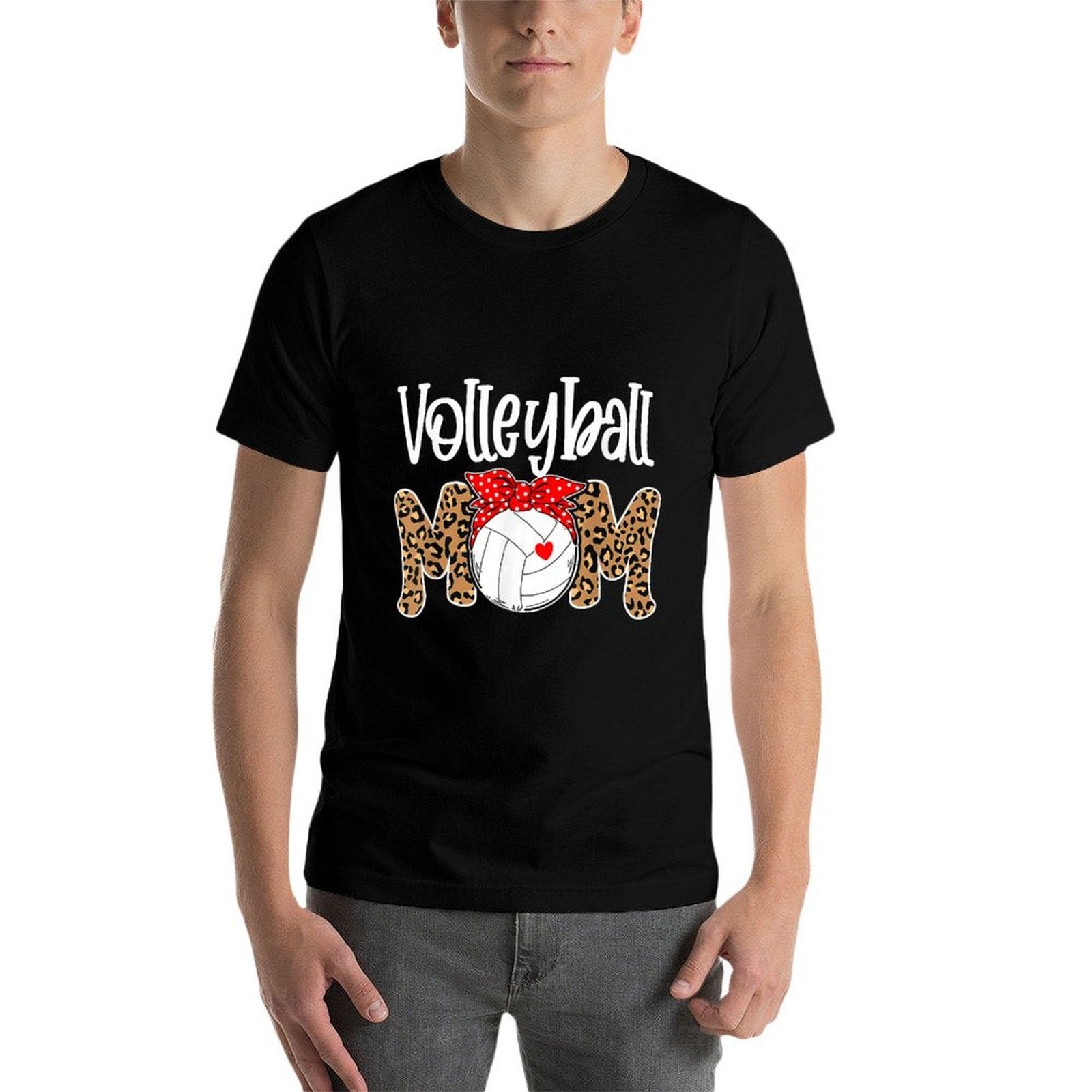 Volleyball Mom Leopard Messy Bun Game Day Funny Mothers Day  Ribbed Collar T-Shirt