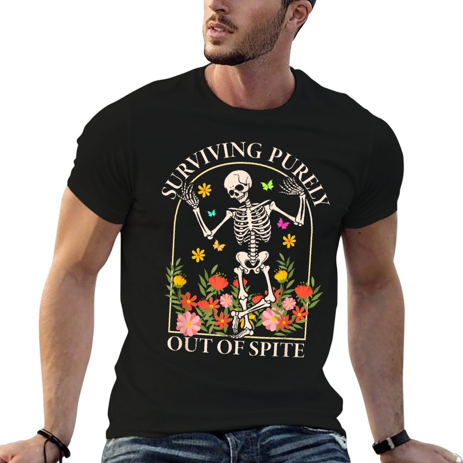Surviving Purely Out Of Spite Funny Dancing Floral Skeleton  Affordable Price T-Shirt