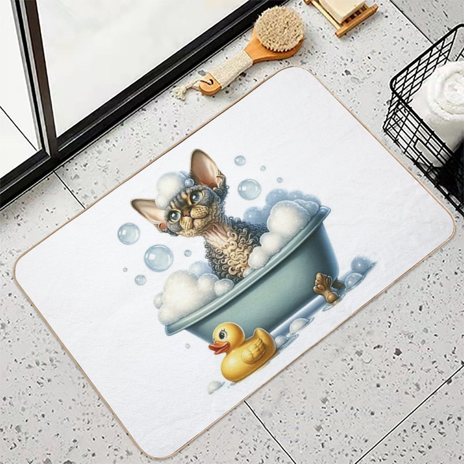 Devon Rex Bubble Bath Bliss - Funny Cat  Easy Maintenance Bath Mat