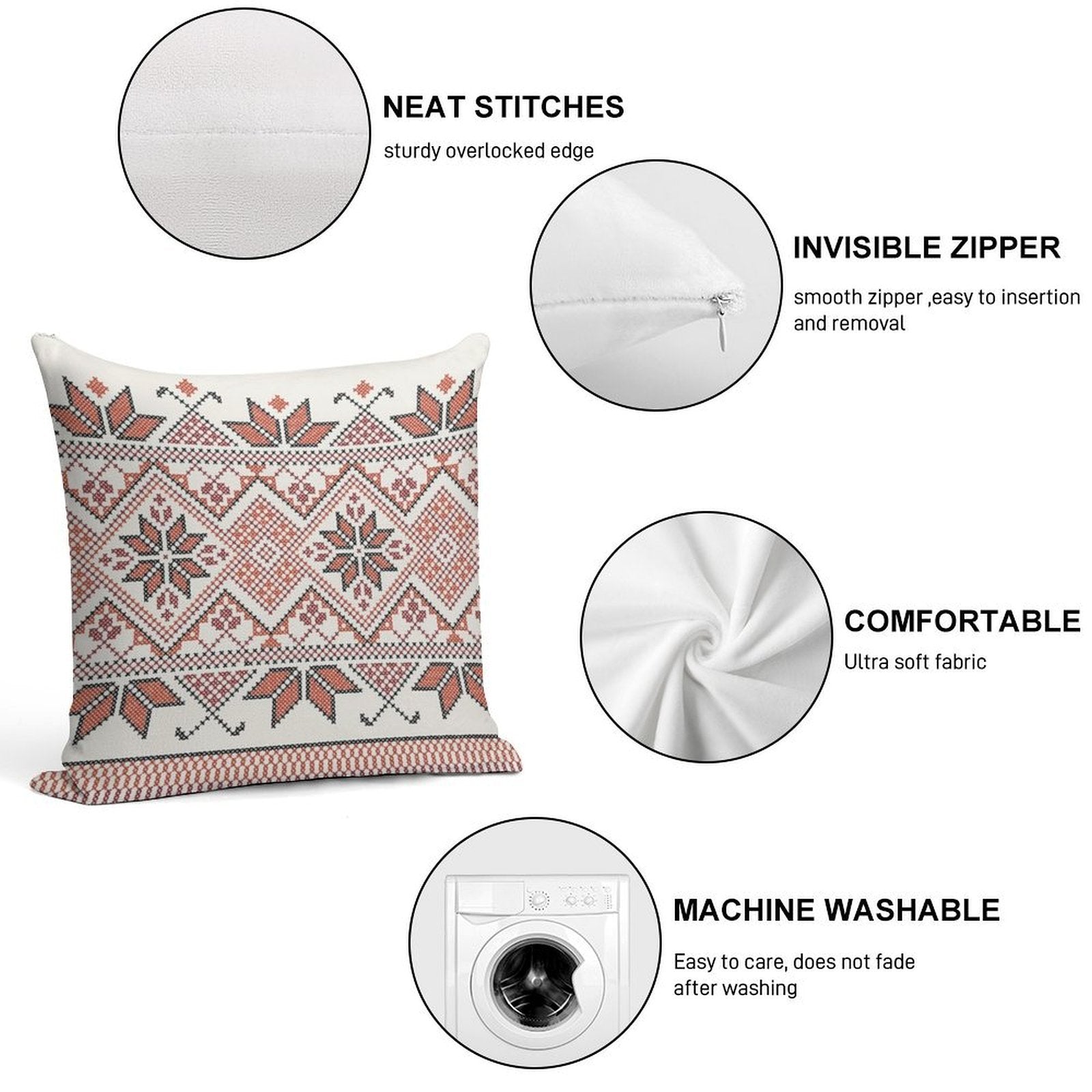Palestinian Jordanian Tatreez Cross Stitch Realistic Traditional Embroidery Pattern Design #4 Soft Decorative Cover Throw Pillow