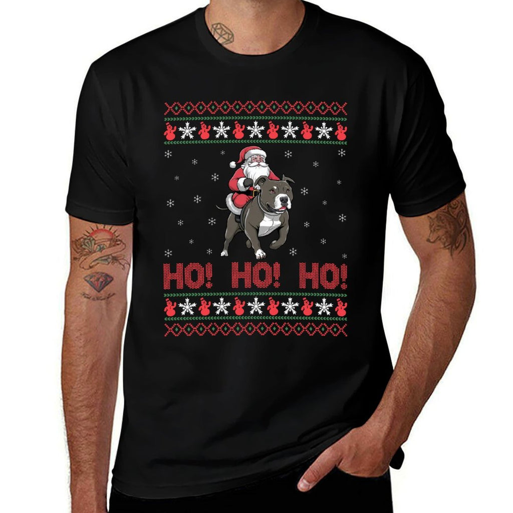 Ho Ho Ho Santa Riding Pitbull Dog Ugly Christmas Sweater  Moisture-wicking T-Shirt