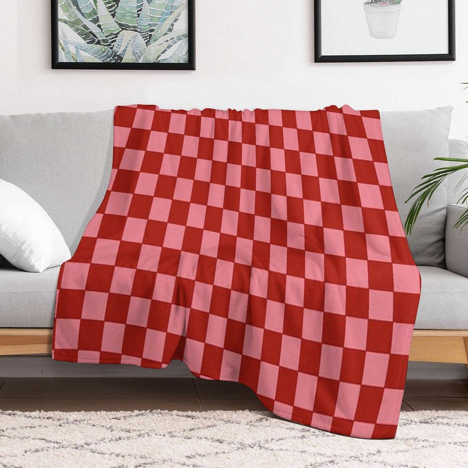 Pink And Red Checkered Anti-pilling Throw Blanket