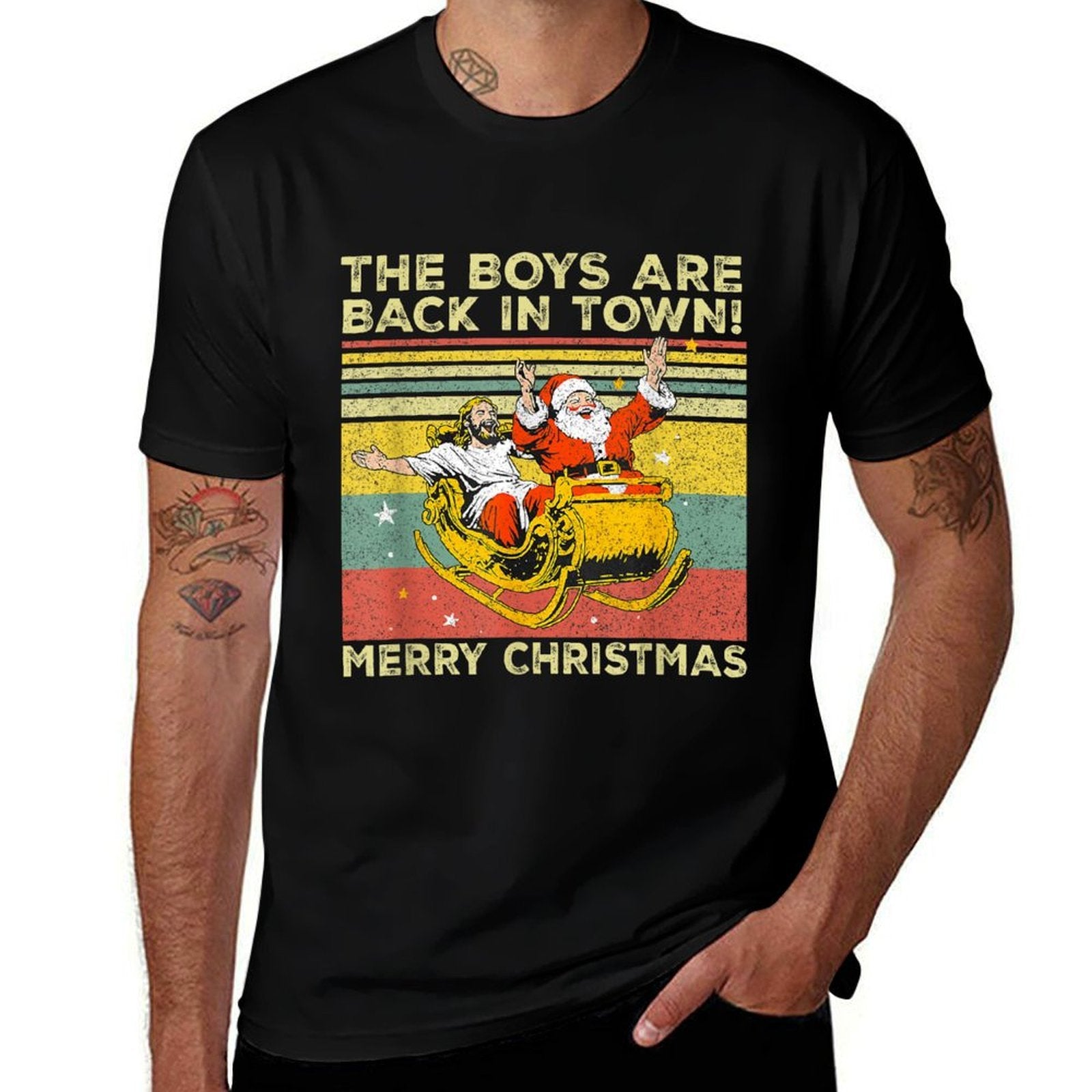 Me Boys Are Back In Town Merry Christmas Jesus  Santa Meme  Fade-proof Color T-Shirt