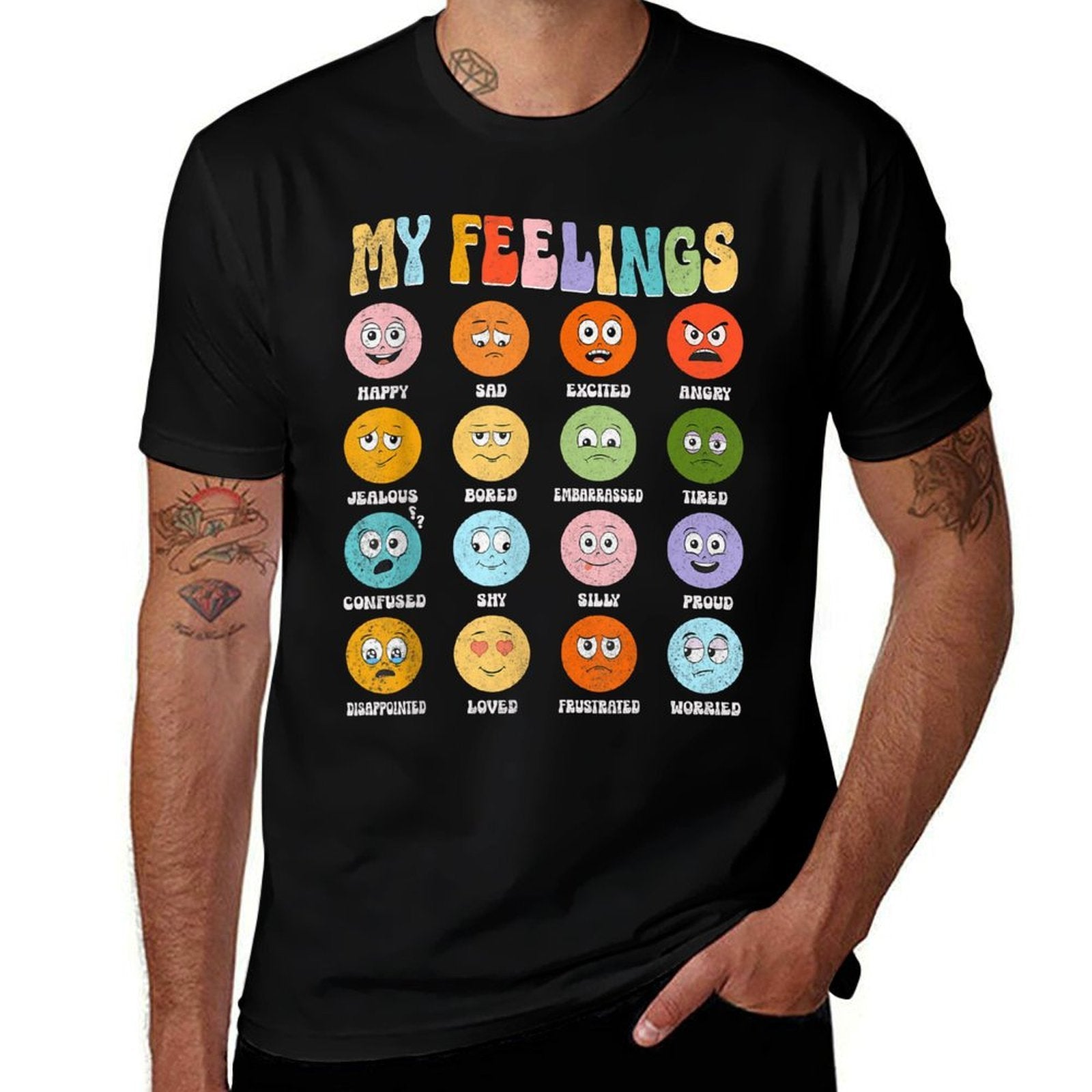 Groovy Retro My Feelings Chart Funny Hippie Face Emotions, Small  Soft T-Shirt
