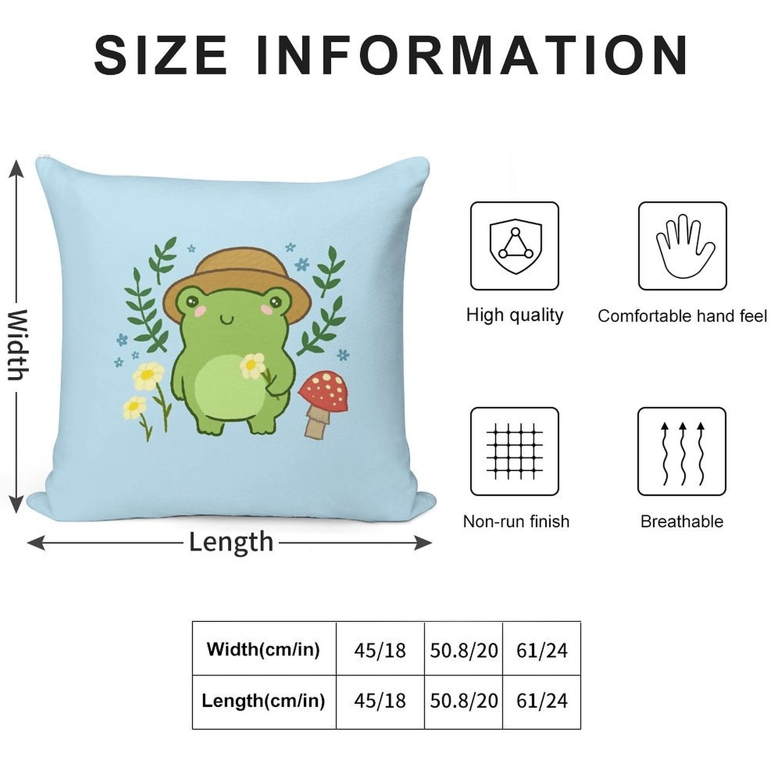 Kawaii Aesthetic Green Frog with Gardener Hat Funny Cottagecore Froggy, Nature Illustration with Mushroom Flower Blossoms Soft Luxury Feel Throw Pillow
