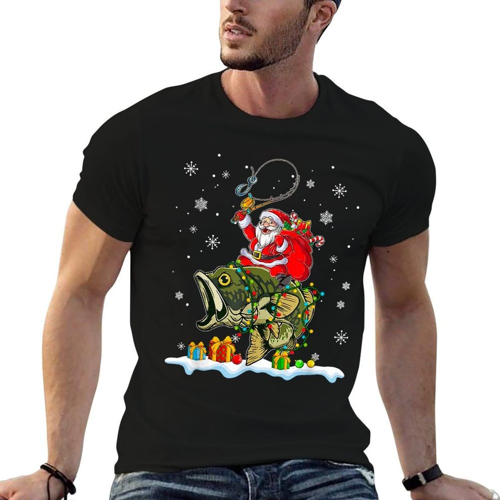 Christmas Bass Fishing Funny Santa Riding Fish Fishermen PJ  Relaxed-fit T-Shirt