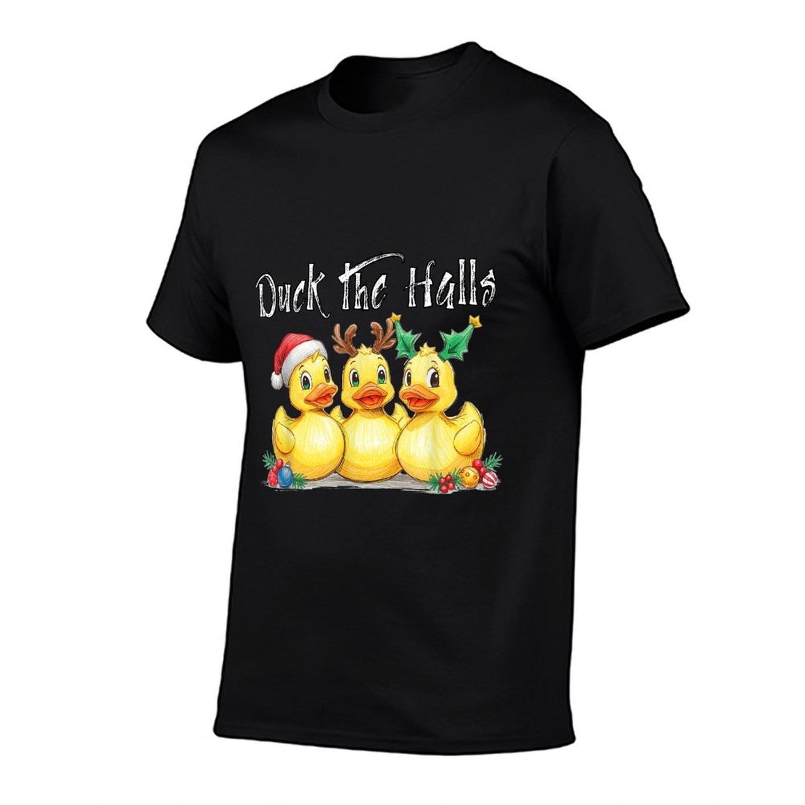 Duck The Halls Santa Hat Reindeer Ears Holly Christmas Fun  Heathered Texture T-Shirt