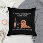 Pekingese And Wine Funny Dog Soft Short Plush Fabric Throw Pillow