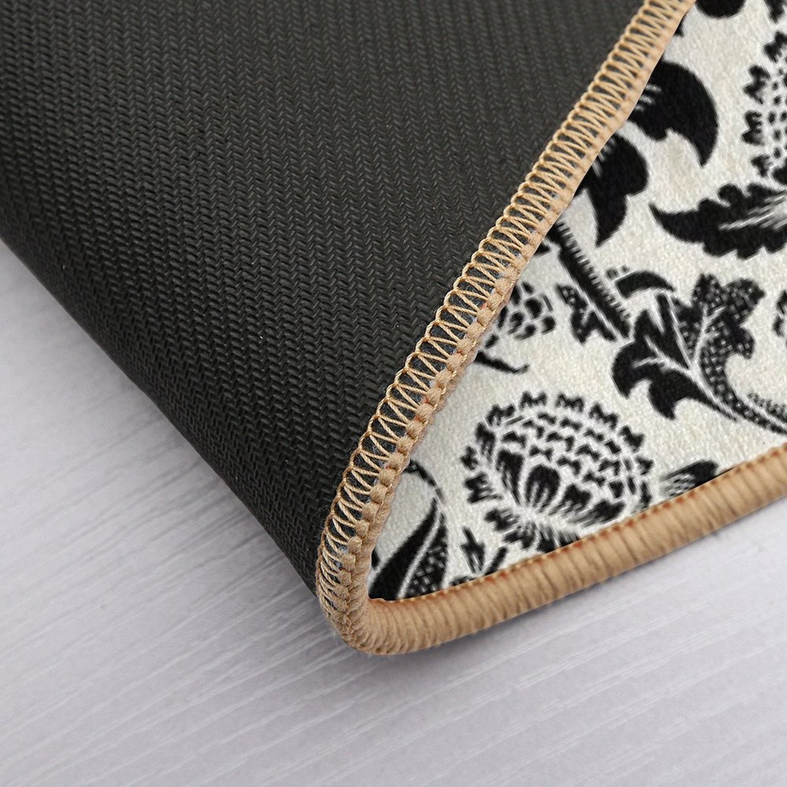 Vintage Flower Ornament Botanical, Black And Cream Durable Bath Mat