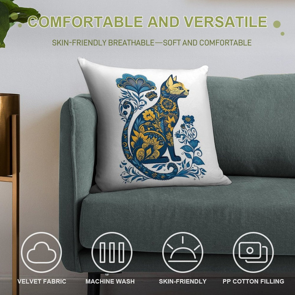 Ukraine Cat Floral Vintage Ukrainian Flag & Vyshyvanka Soft Reinforced Edging Throw Pillow
