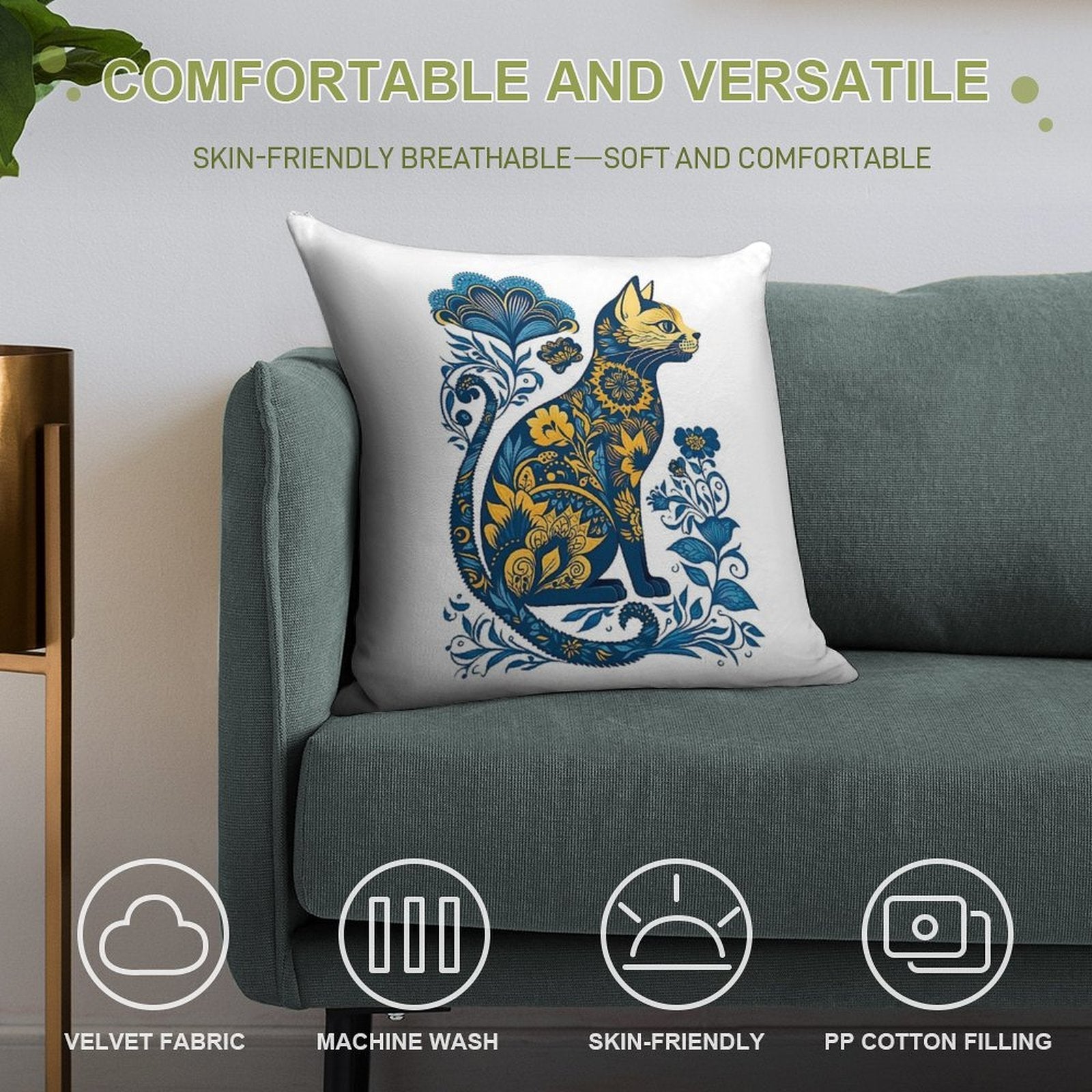 Ukraine Cat Floral Vintage Ukrainian Flag & Vyshyvanka Soft Reinforced Edging Throw Pillow