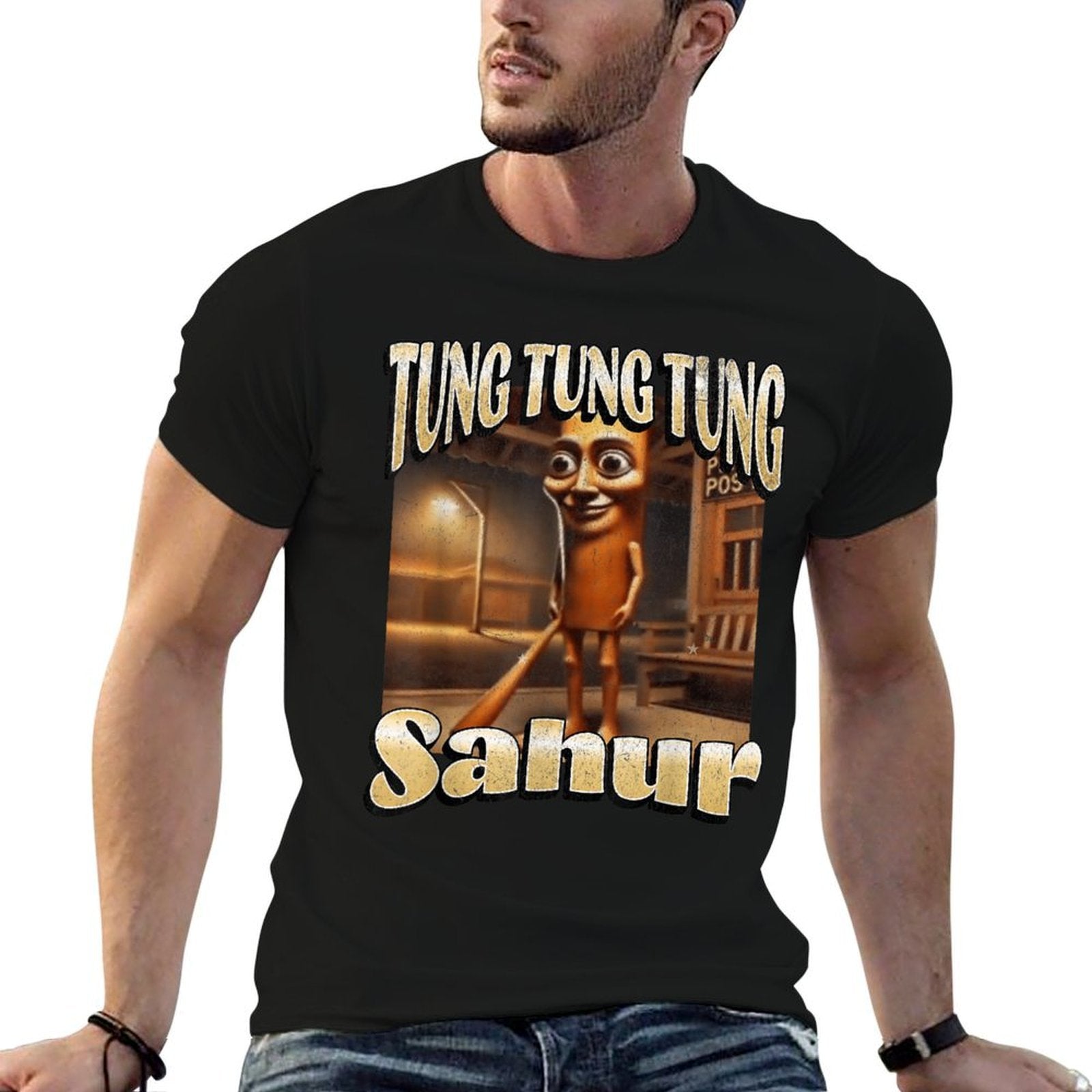 Tung Tung Sahur Funny Italian Brainrot Meme Graphic  Ribbed Collar T-Shirt
