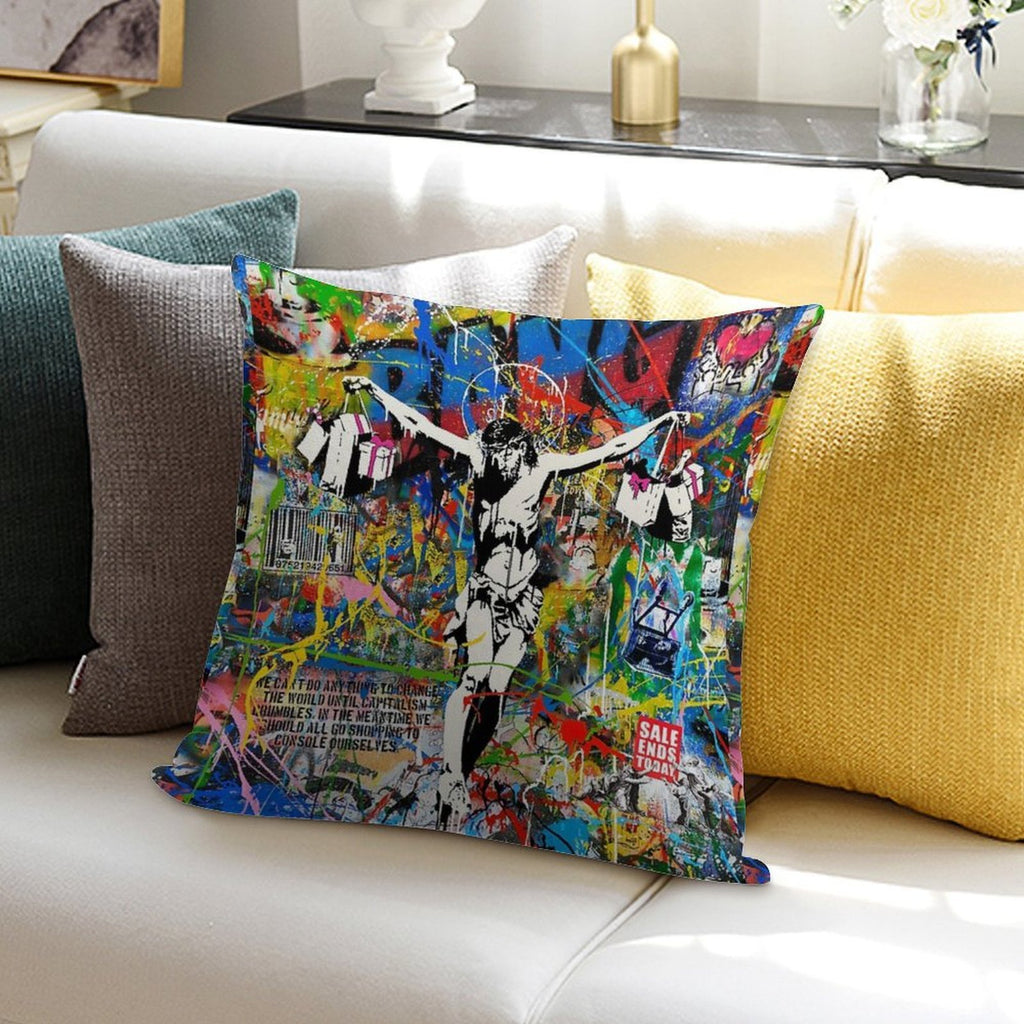 Banksy Shopping Jesus Pop Street Art Mashup Soft Skin-Friendly Throw Pillow