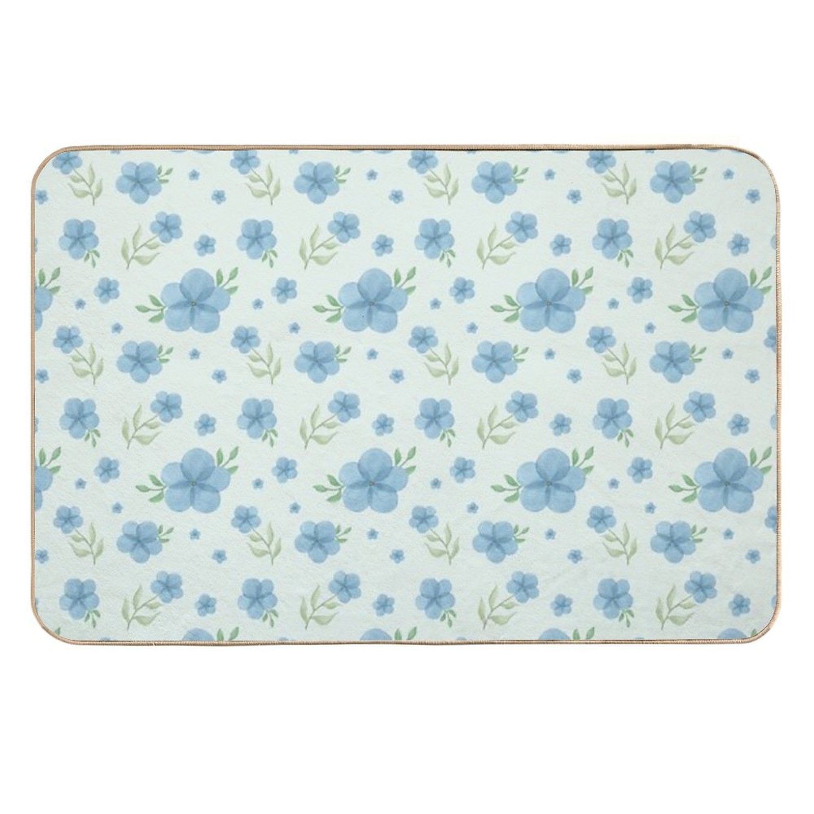 Blue Watercolor Flowers – Soft Green Background Floral Pattern  Non-Slip Bath Mat