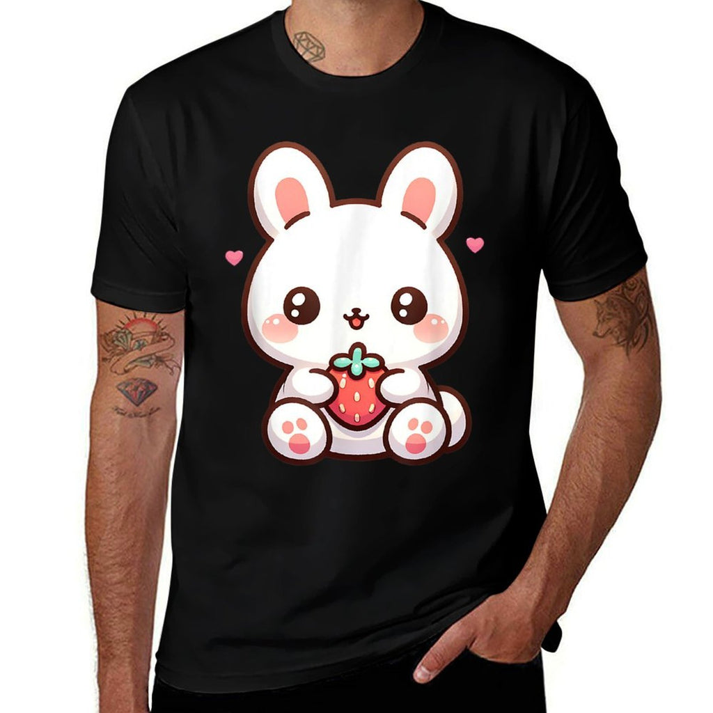 Cute Bunny Rabbit Eating Strawberry Tween Girls Graphic  Fade-proof Color T-Shirt