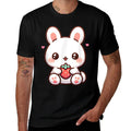 Cute Bunny Rabbit Eating Strawberry Tween Girls Graphic  Fade-proof Color T-Shirt