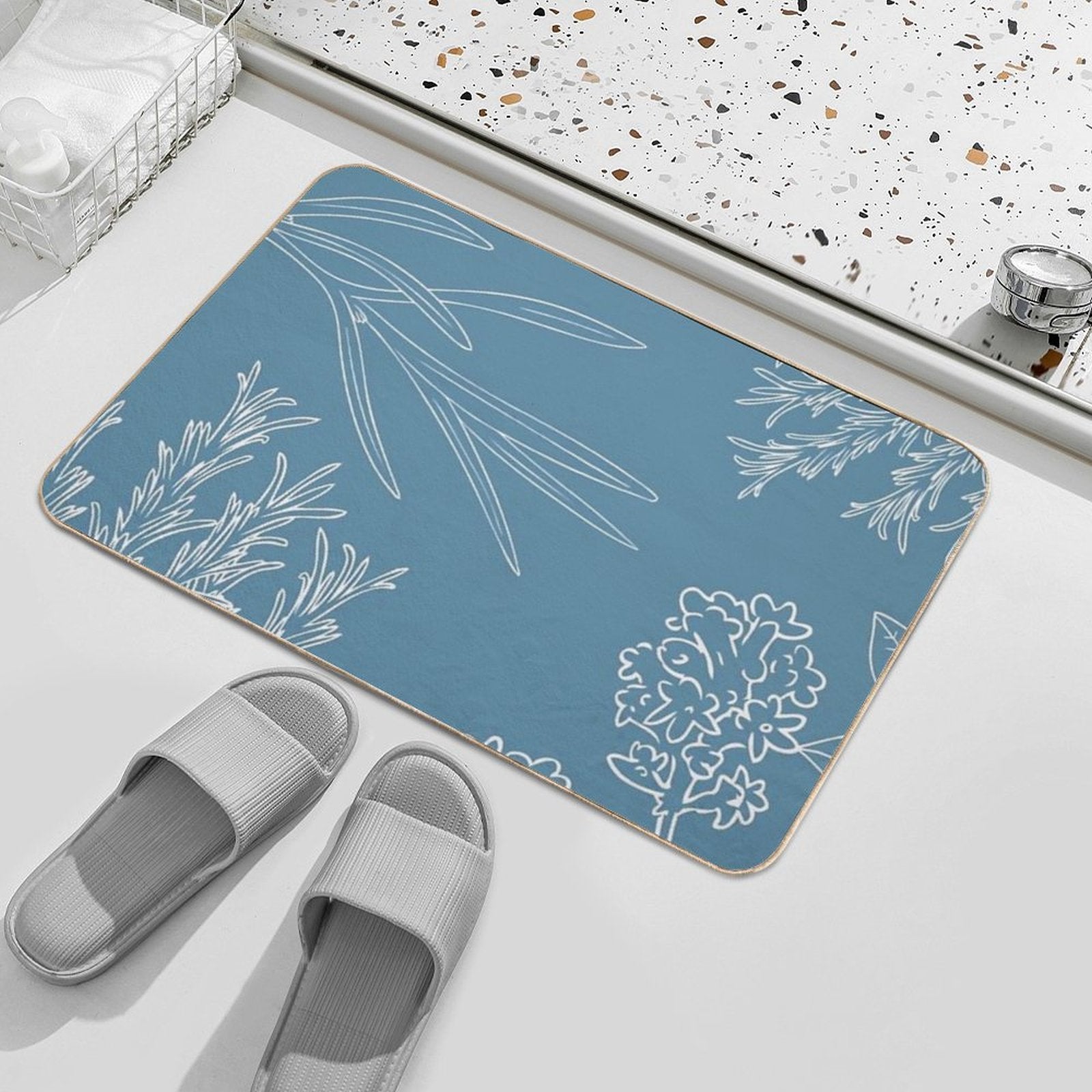 Asthetic White Plants on Blue Pattern  Slip-Resistant Bath Mat