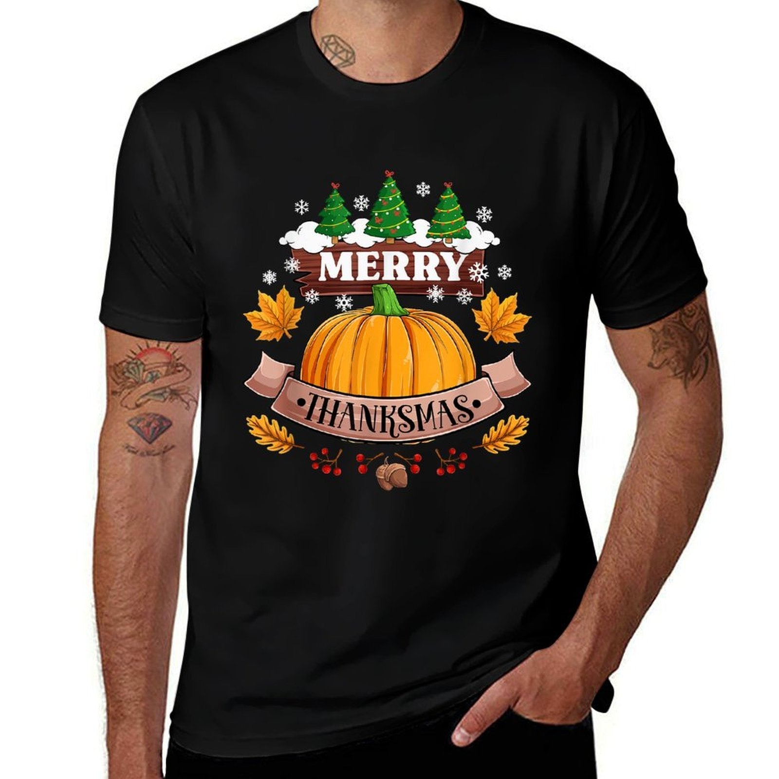 Funny Merry Thanksmas Festive Thanksgiving Christmas Pumpkin  Slim-fit Cut T-Shirt