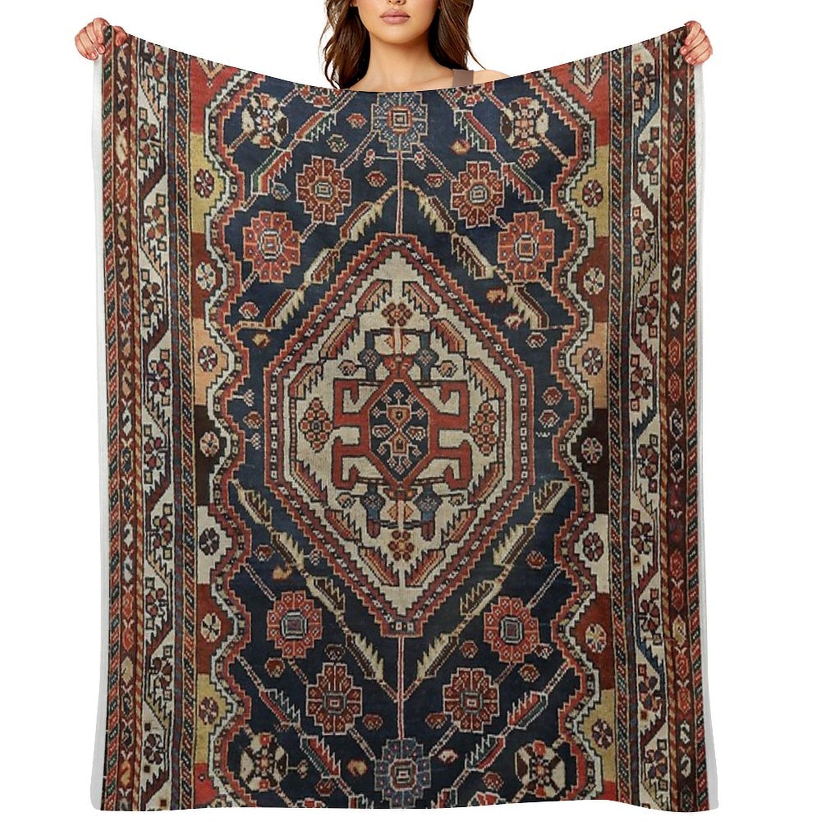 Persian Qashqai Old Century Authentic Colorful Aztec Royal Blue Red Vintage Patterns Easy Care Throw Blanket