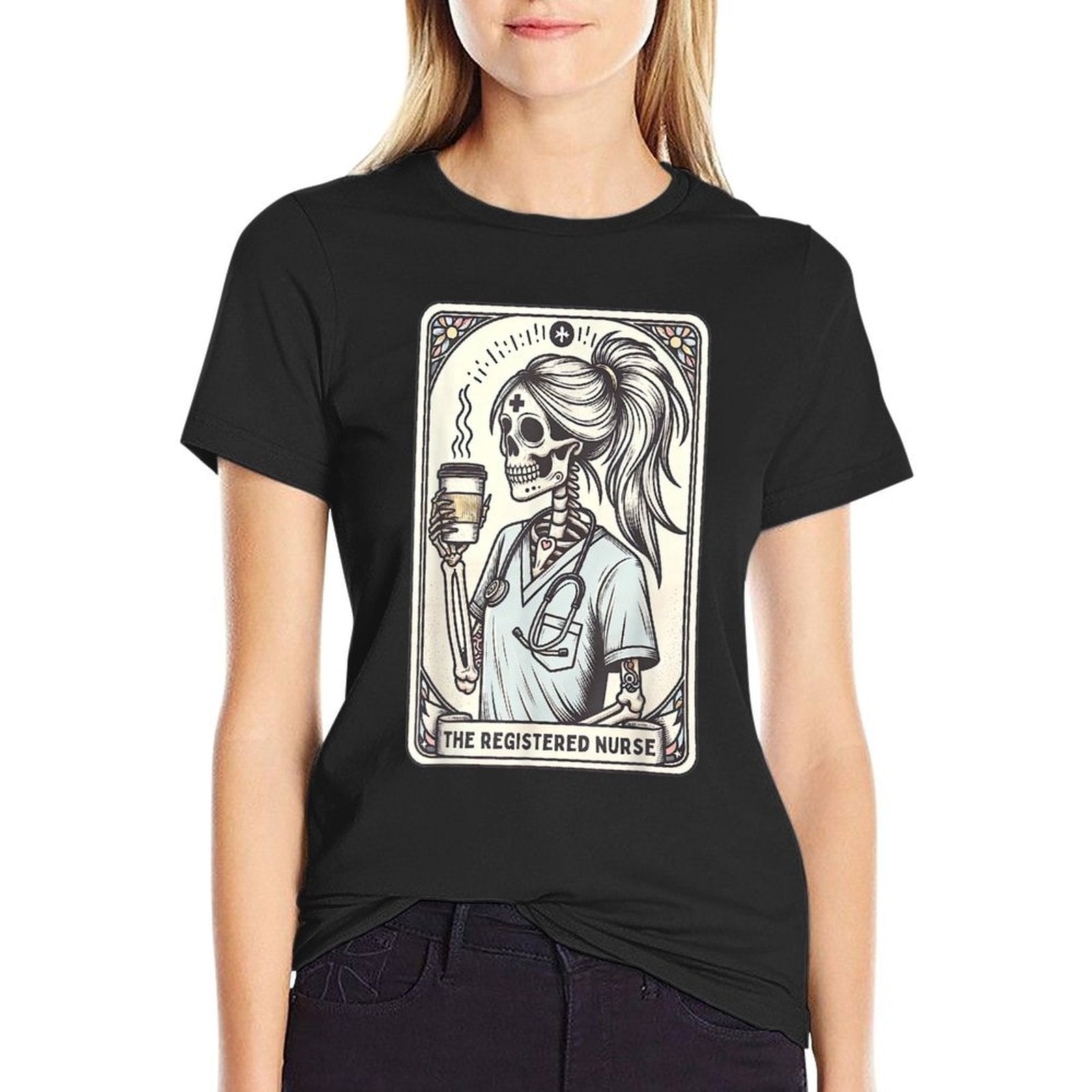 The Registered Nurse Tarot Card Skeleton RN Nursing Doctor  Ribbed Collar T-Shirt