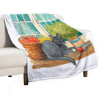 Black Cat on A Sunny Windowsill – Cozy Cottage Illustration Plush Throw Blanket