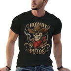 Funny Skull Howdy Putos Spanish Slang, Western Cowboy Skull  High-quality Stitching T-Shirt