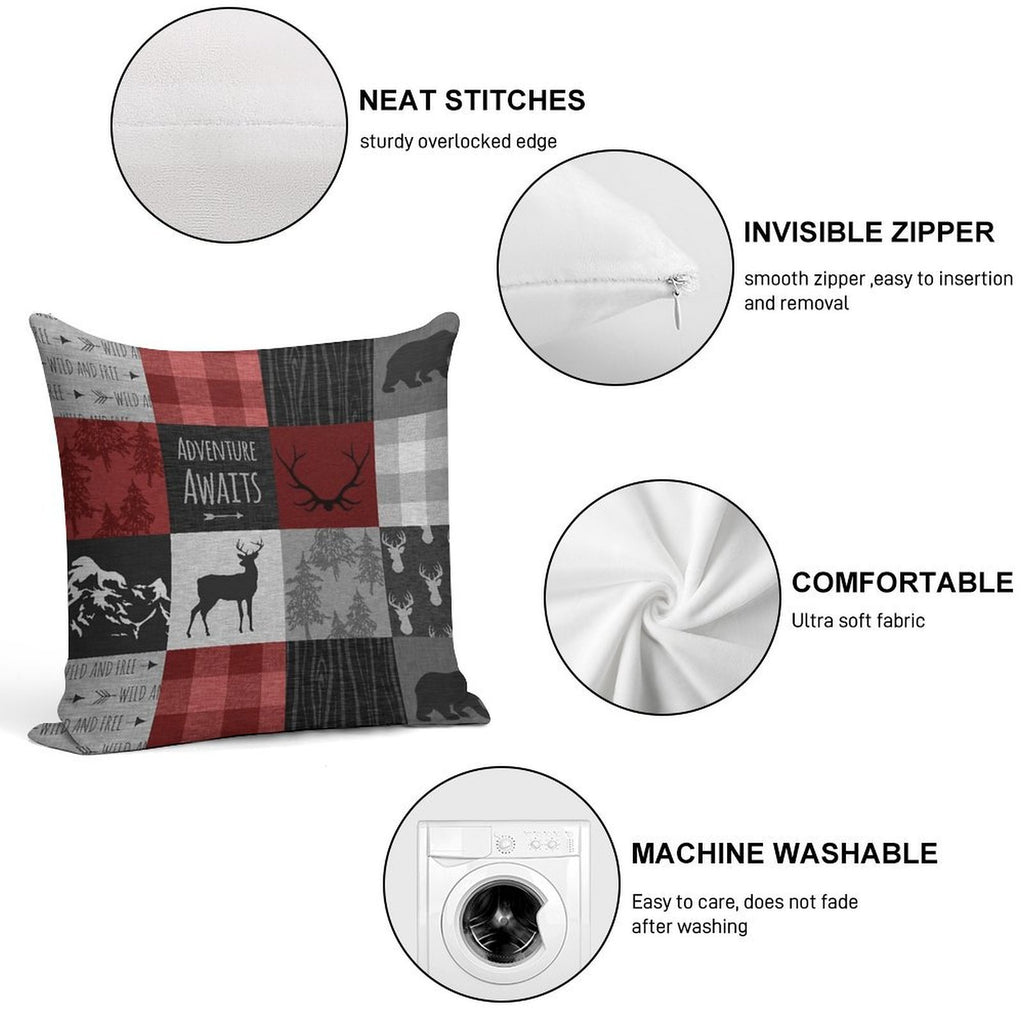 Adventure Awaits Patchwork - Red And Black Woodland Soft Fade-Resistant Throw Pillow