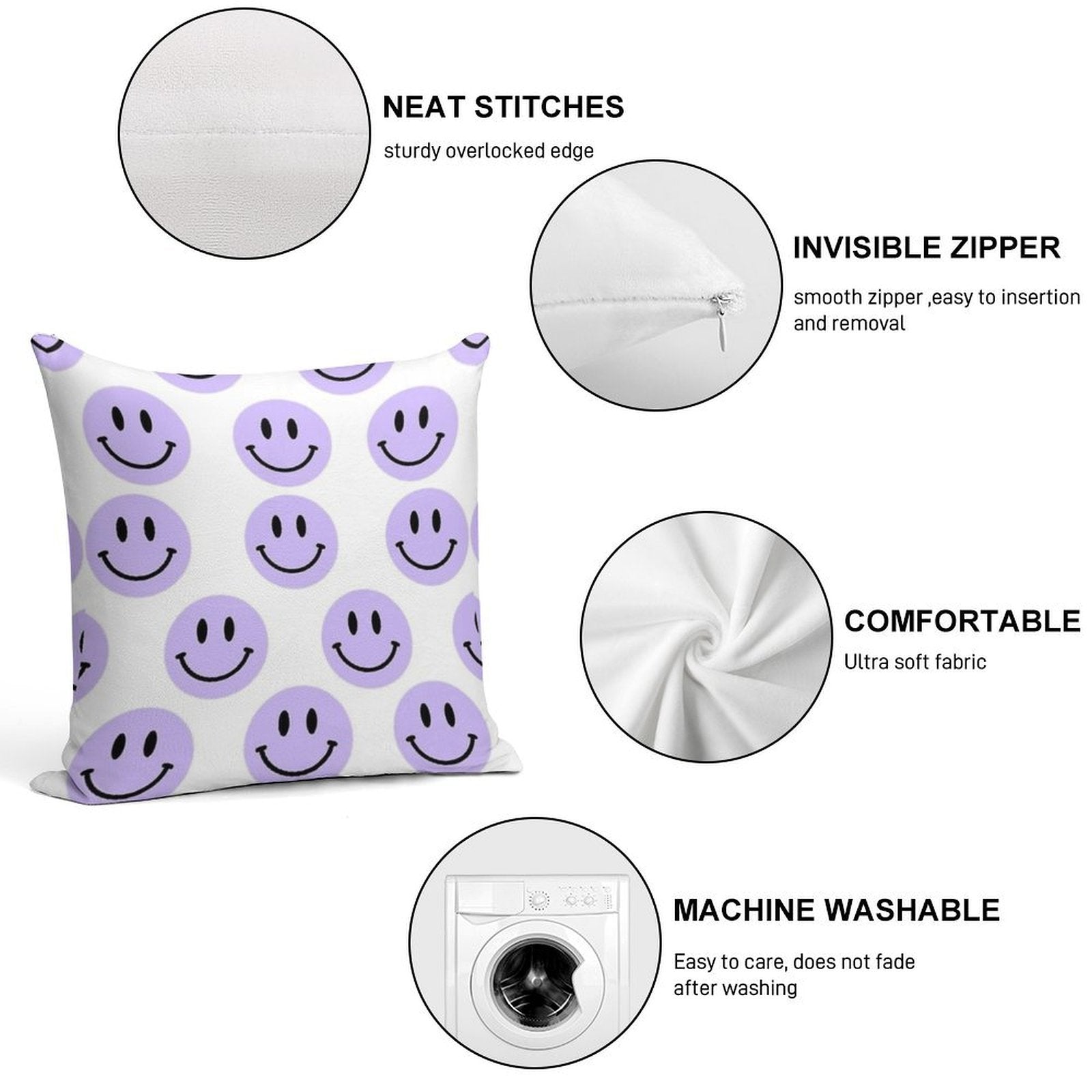 Purple Preppy Smile Print Soft High-Density Material Throw Pillow