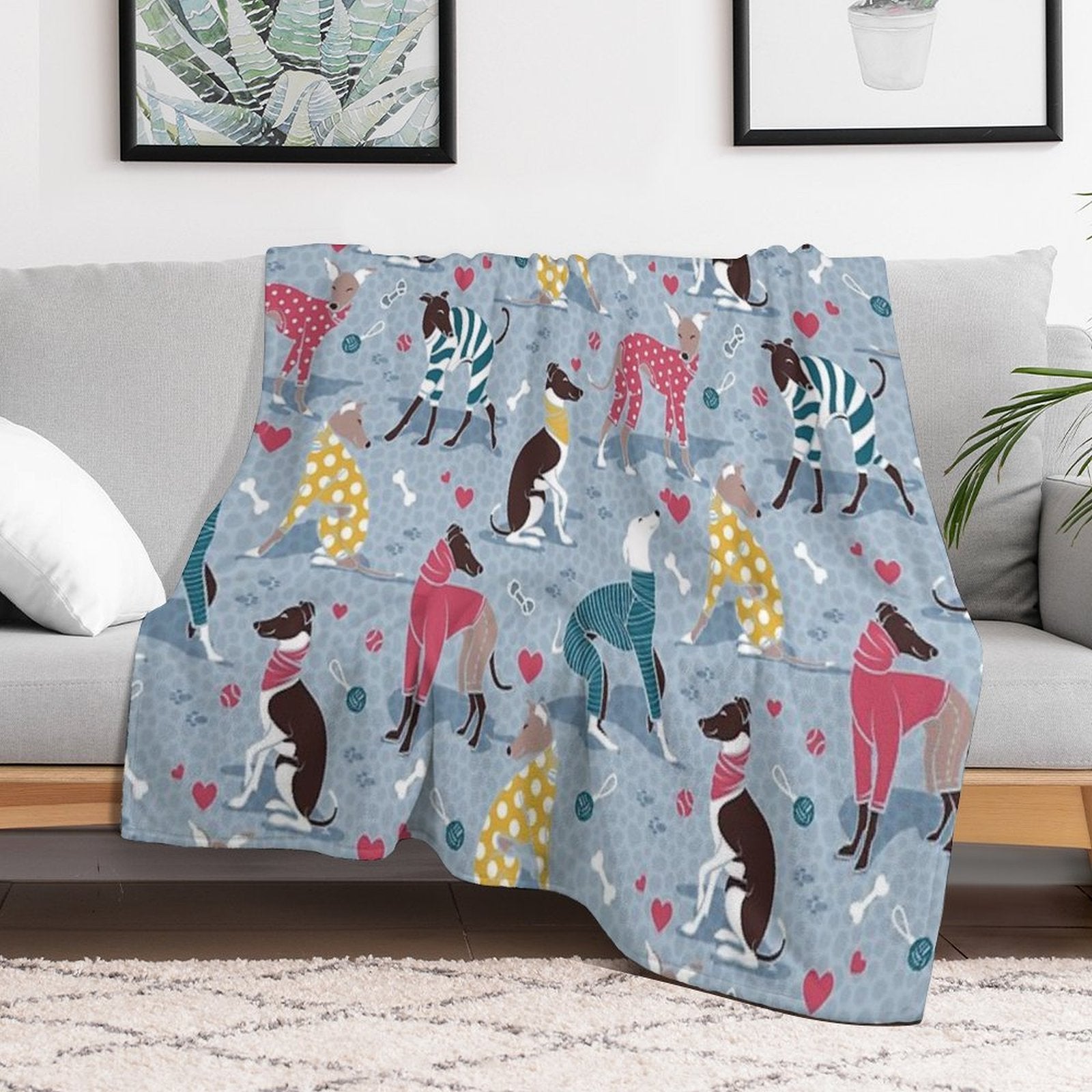 Greyhounds Dogwalk  Pale Blue Background Shrink-resistant Throw Blanket