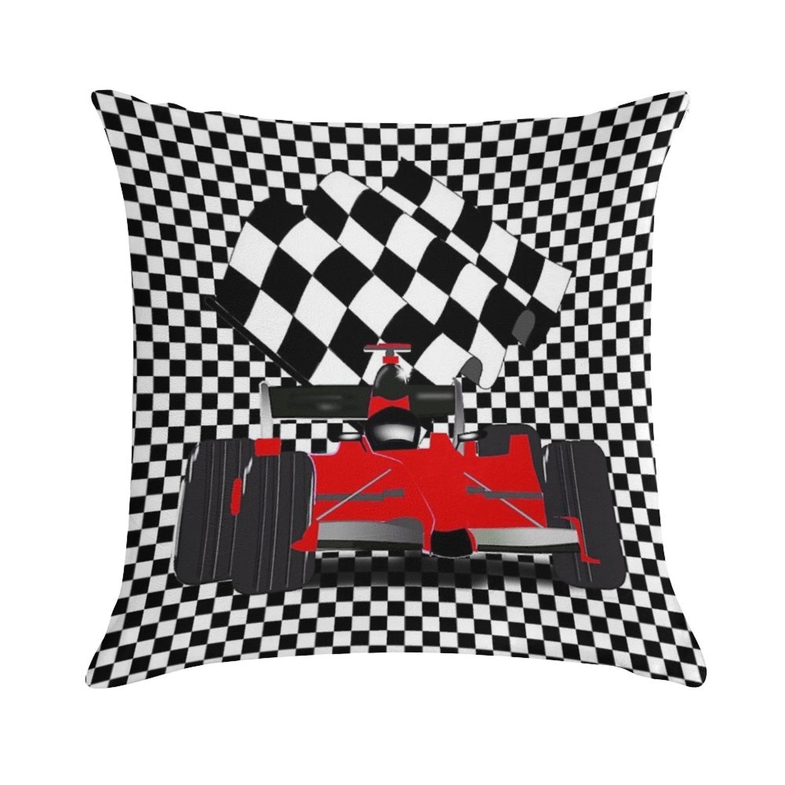 Red  Race Car with Checkered Flag Soft Shrink-Resistant Throw Pillow