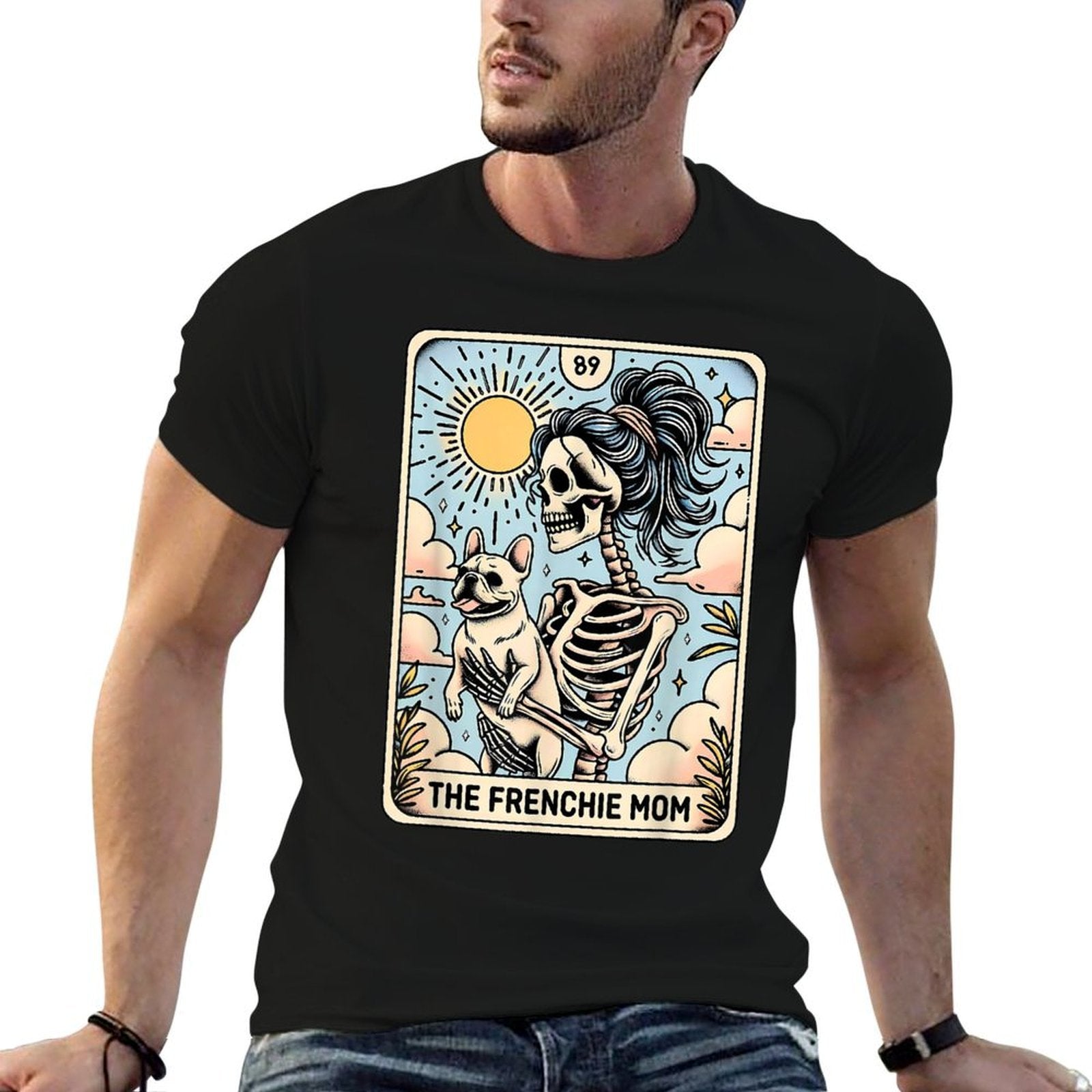 Vintage The Frenchie Mom Tarot Card Bulldog Skeleton Mothers  Relaxed-fit T-Shirt