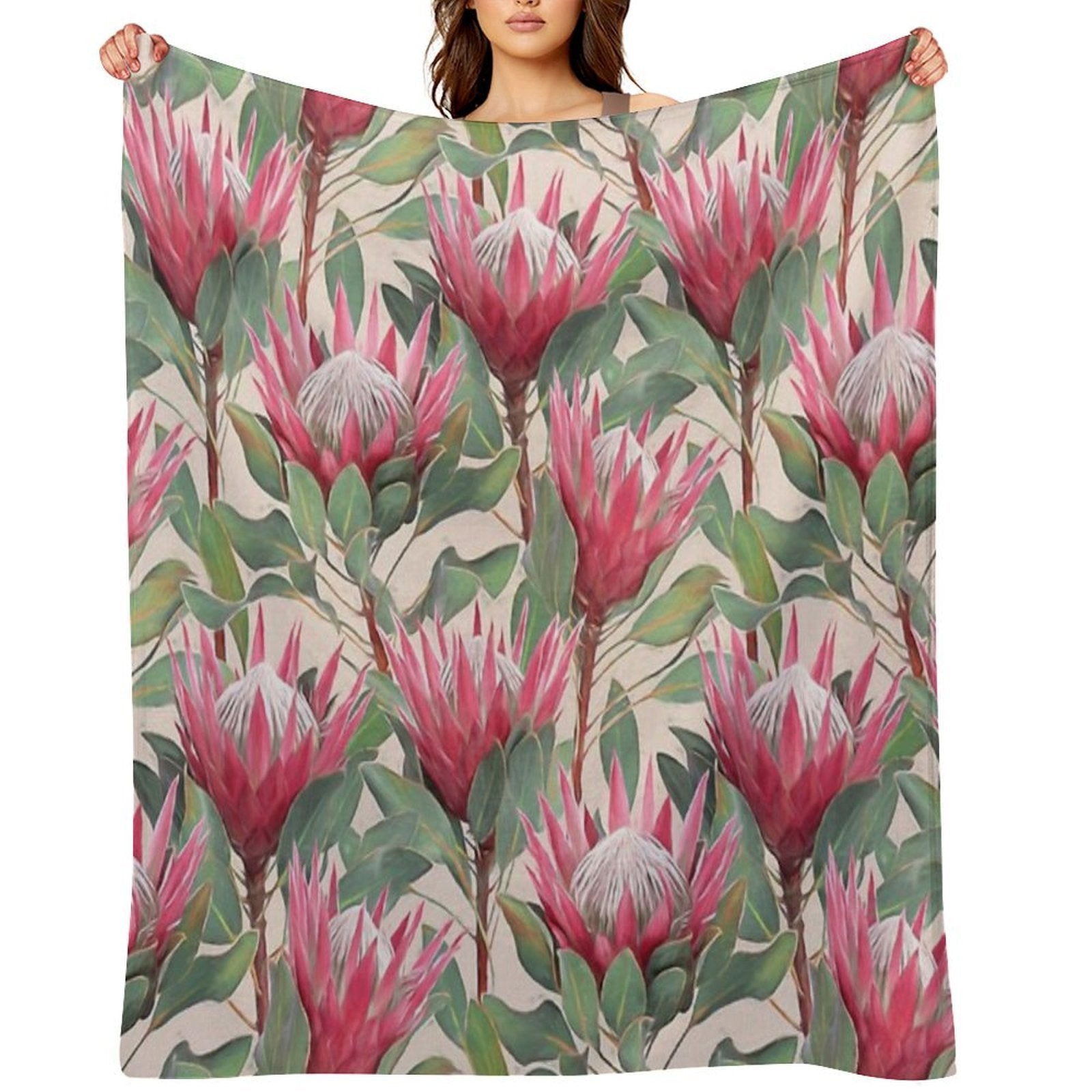 Painted King Proteas on Cream Machine-washable Throw Blanket
