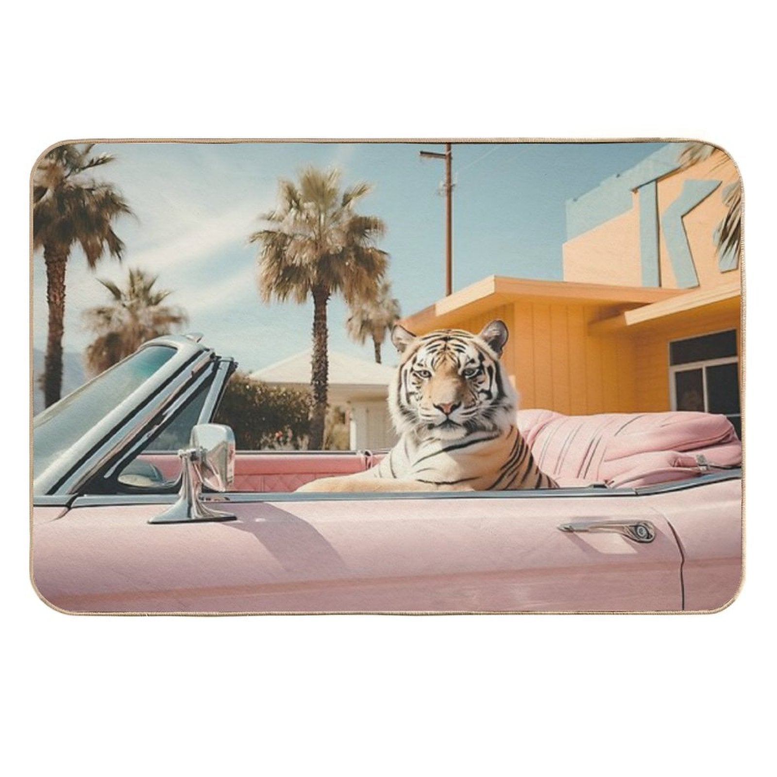 Cool Tiger in A Pastel Cabrio in Palm Springs  Easy To Clean Bath Mat