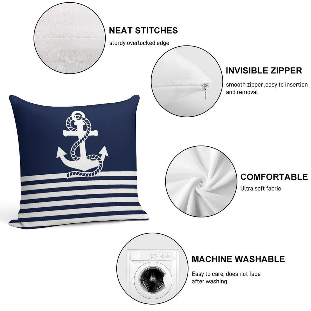 Nautical Navy Blue Stripes And White Anchor Soft Bedroom Essential Throw Pillow